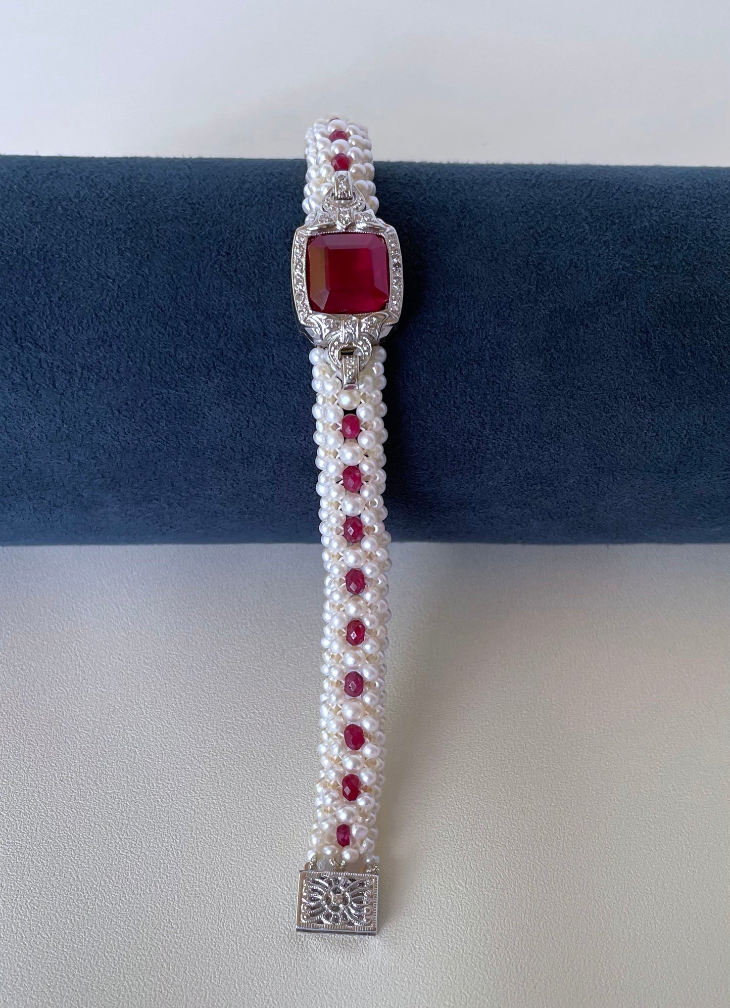 Woven Pearl, Ruby & Diamond Encrusted Bracelet with 14k White Gold