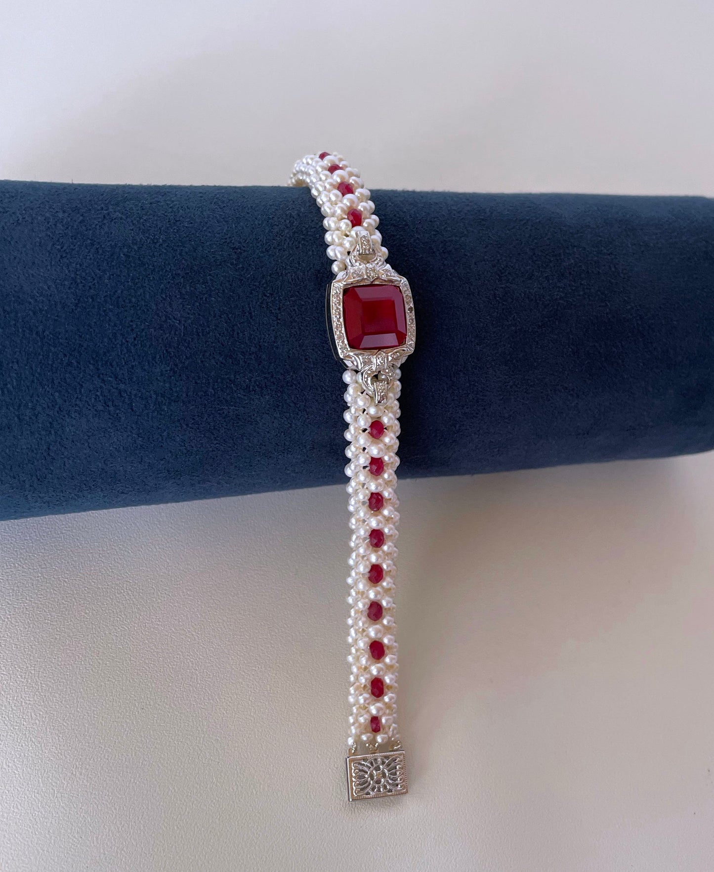 Woven Pearl, Ruby & Diamond Encrusted Bracelet with 14k White Gold