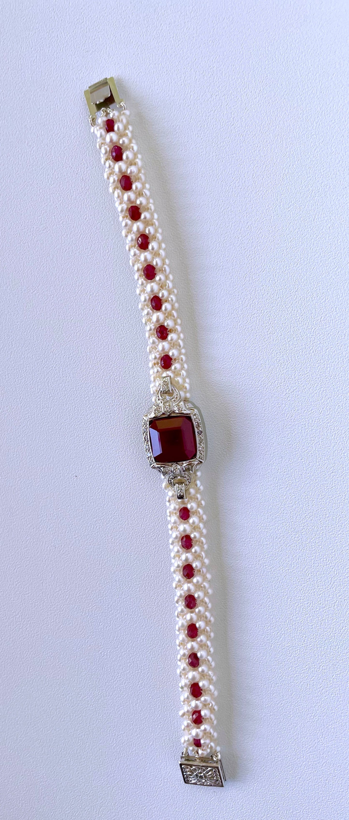 Woven Pearl, Ruby & Diamond Encrusted Bracelet with 14k White Gold