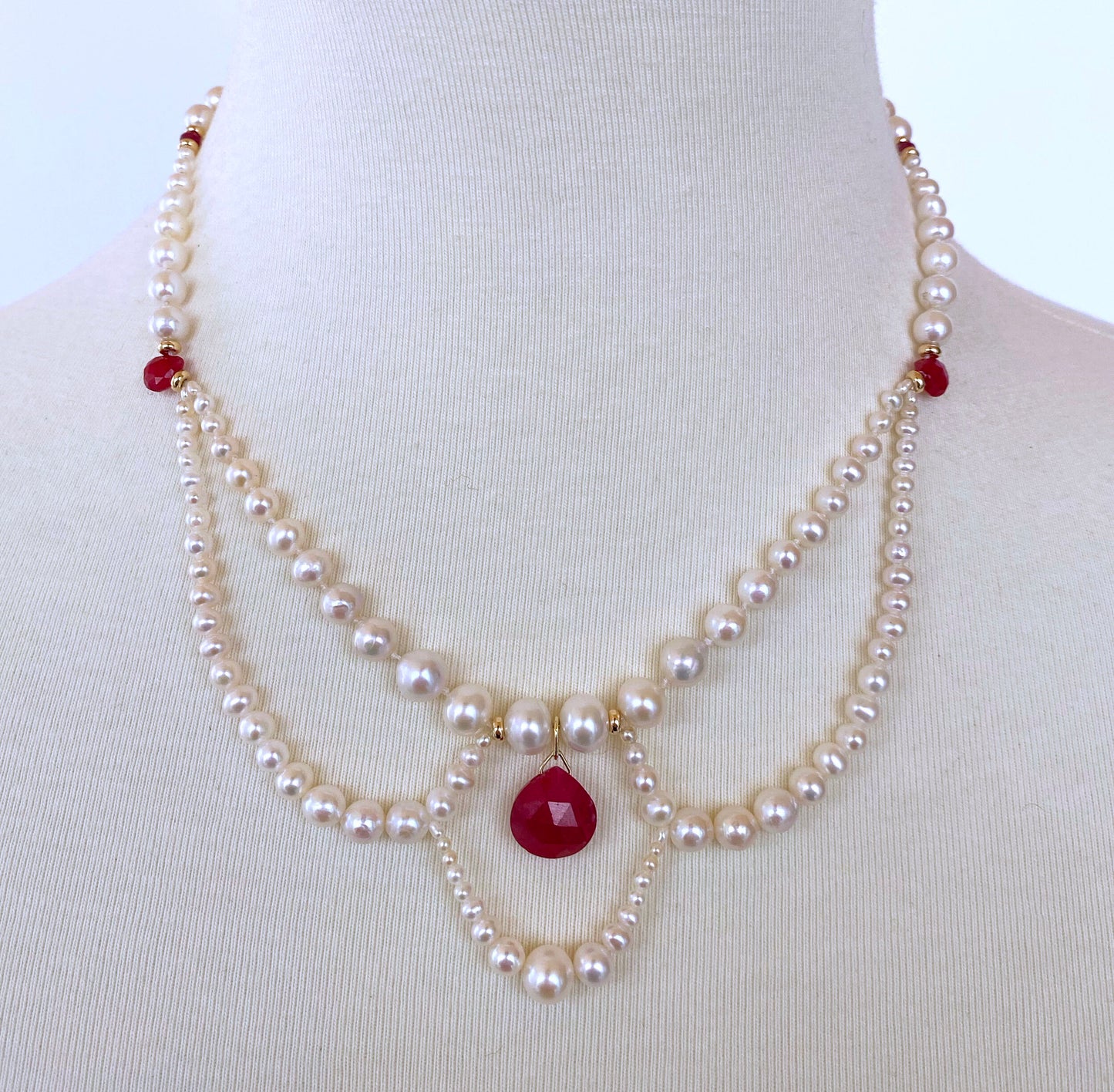 Pearl, Ruby and 14K Yellow Gold Victorian Inspired Necklace