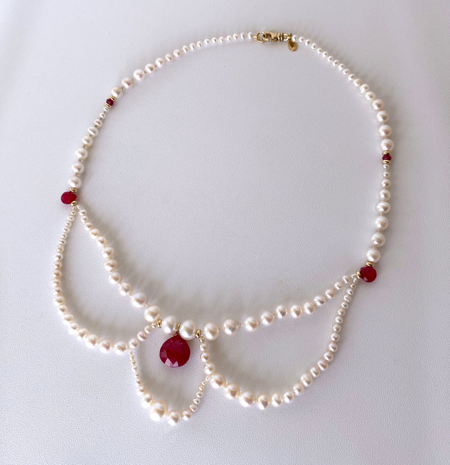 Pearl, Ruby and 14K Yellow Gold Victorian Inspired Necklace