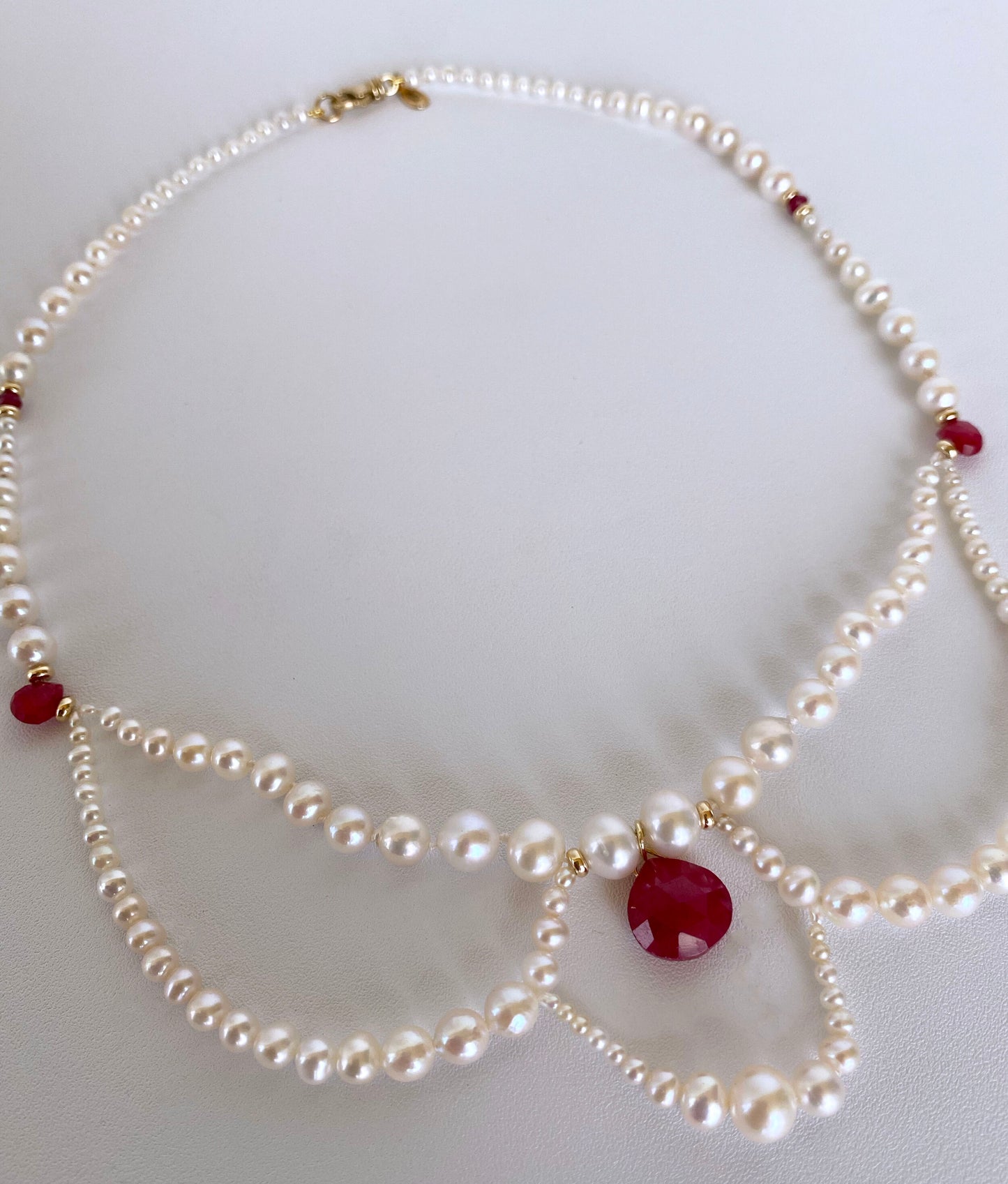 Pearl, Ruby and 14K Yellow Gold Victorian Inspired Necklace