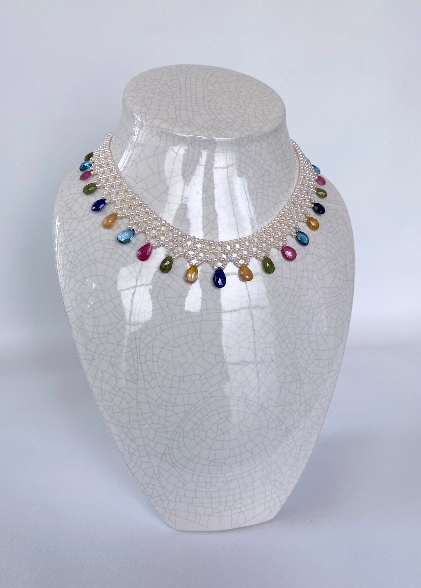 Pearl Woven Necklace w Multi Semi Precious Stones and 14k Yellow Gold