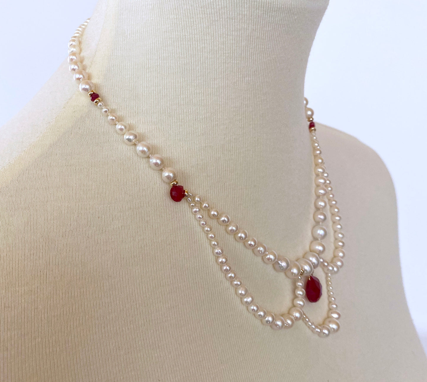 Pearl, Ruby and 14K Yellow Gold Victorian Inspired Necklace