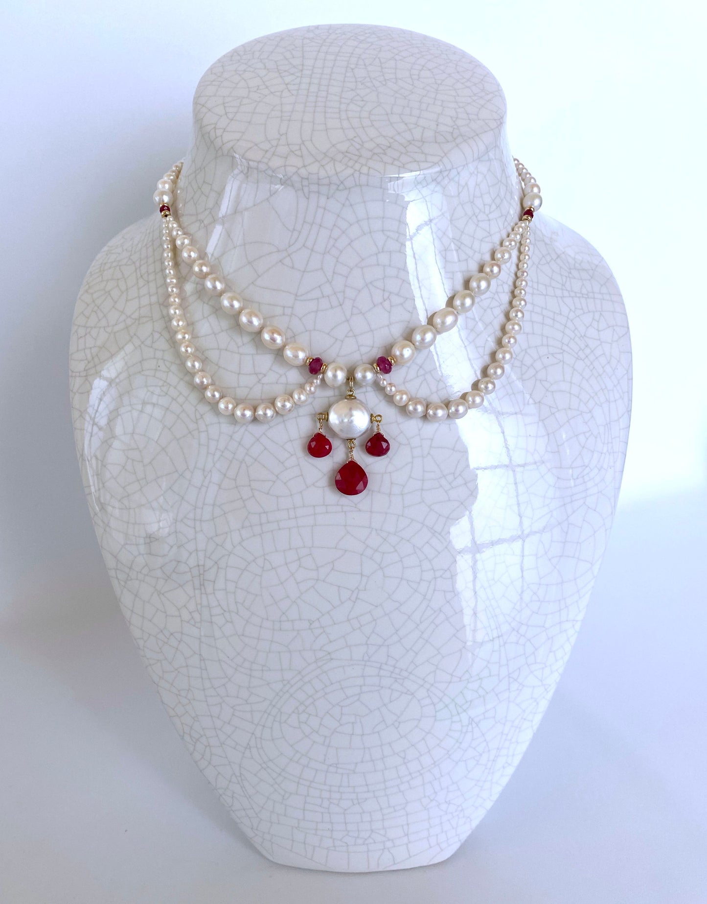Graduated Pearl, Ruby and 14K Yellow Gold, Chandelier Necklace