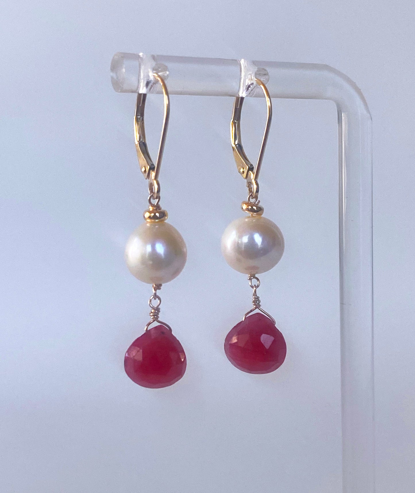 Ruby, Pearl & 14k Yellow Gold Lever Back Earrings