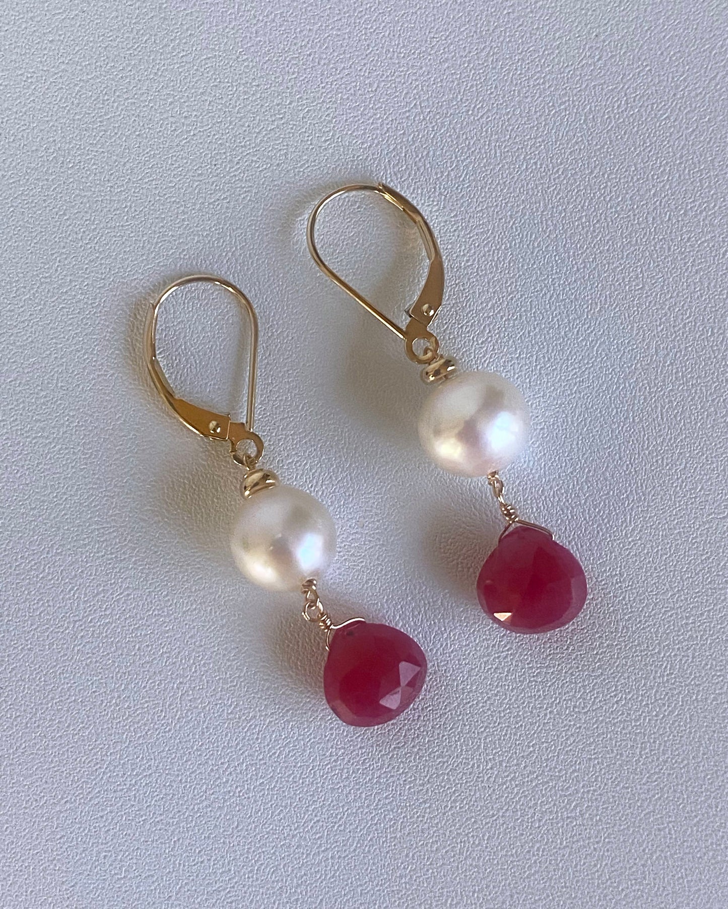 Ruby, Pearl & 14k Yellow Gold Lever Back Earrings