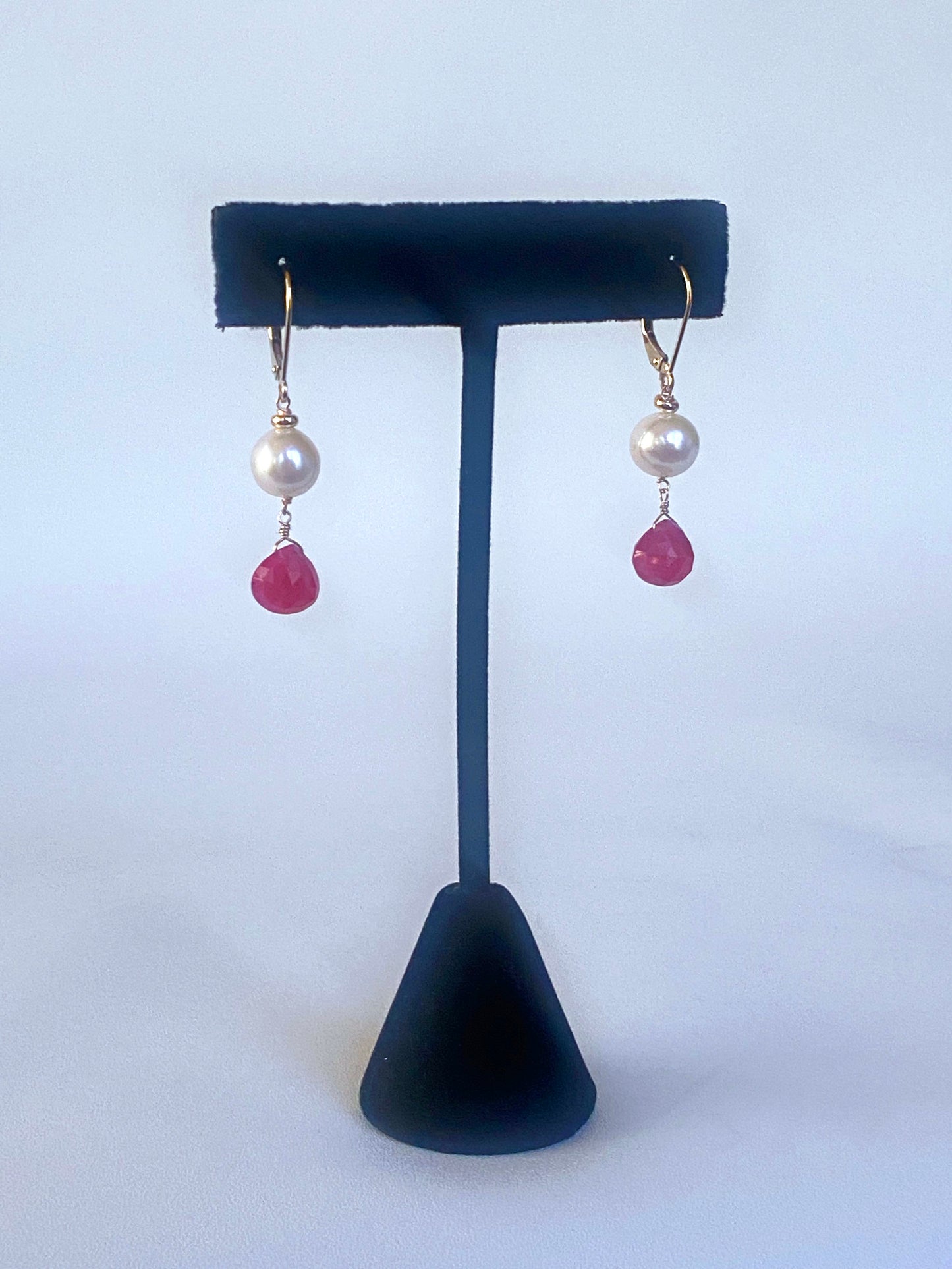 Ruby, Pearl & 14k Yellow Gold Lever Back Earrings