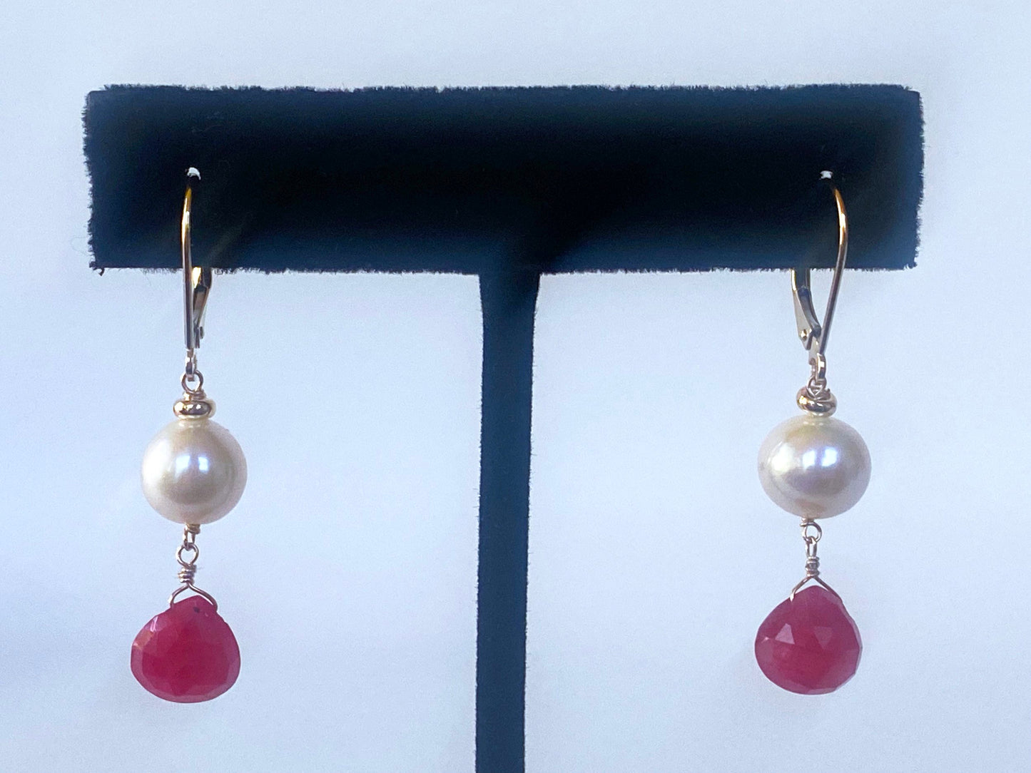 Ruby, Pearl & 14k Yellow Gold Lever Back Earrings