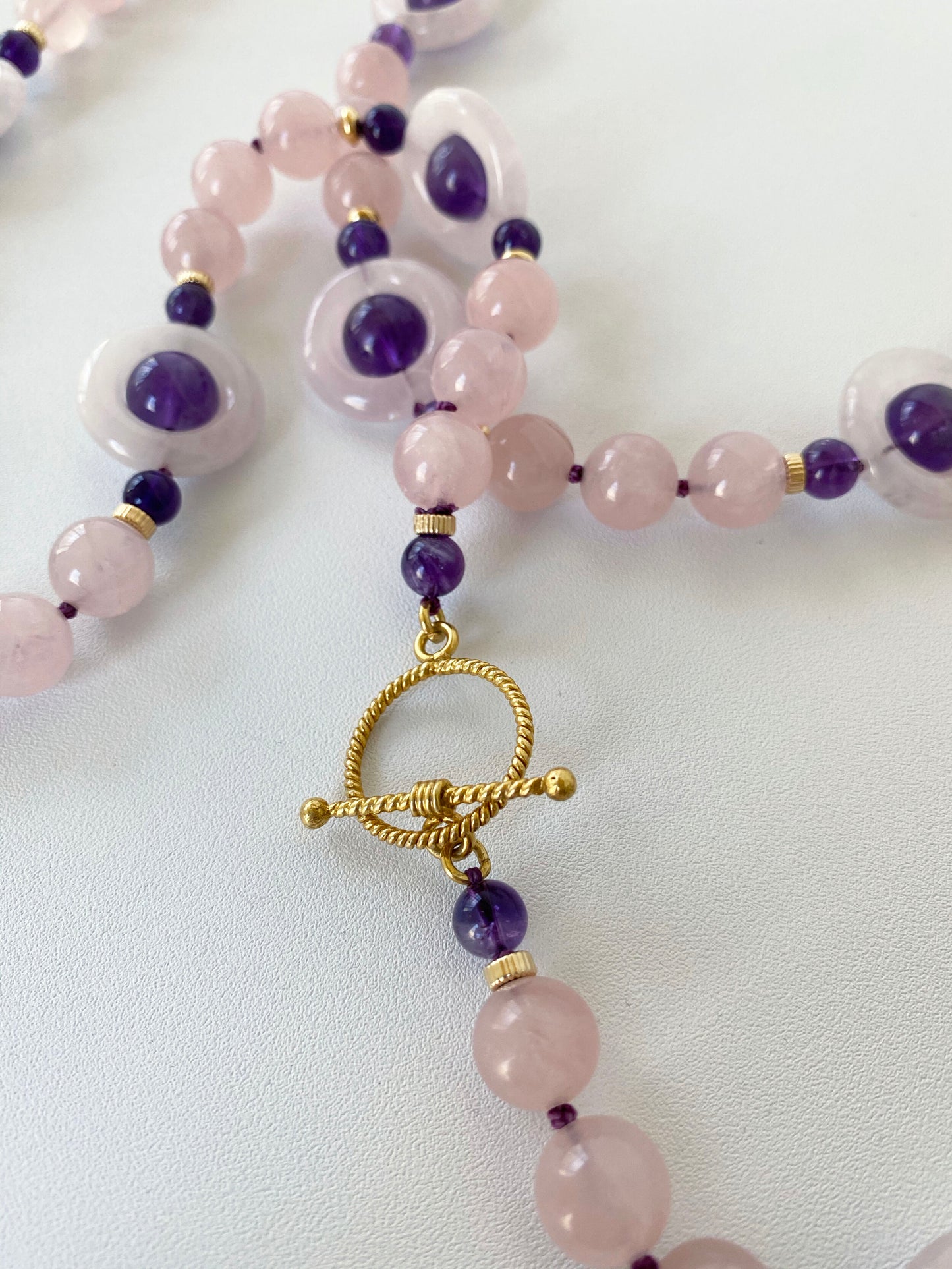 Rose Quartz and Amethyst Necklace with Gold plated Silver Toggle Clasp