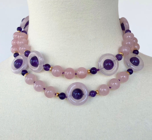 Rose Quartz and Amethyst Necklace with Gold plated Silver Toggle Clasp