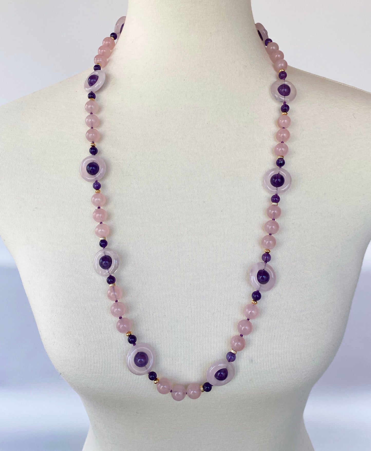Rose Quartz and Amethyst Necklace with Gold plated Silver Toggle Clasp