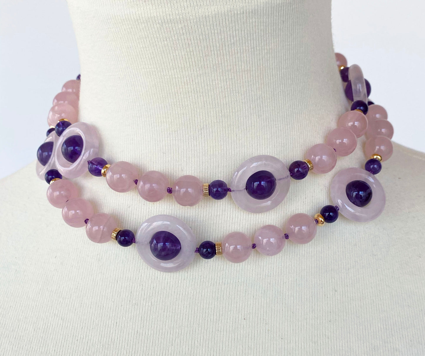 Rose Quartz and Amethyst Necklace with Gold plated Silver Toggle Clasp