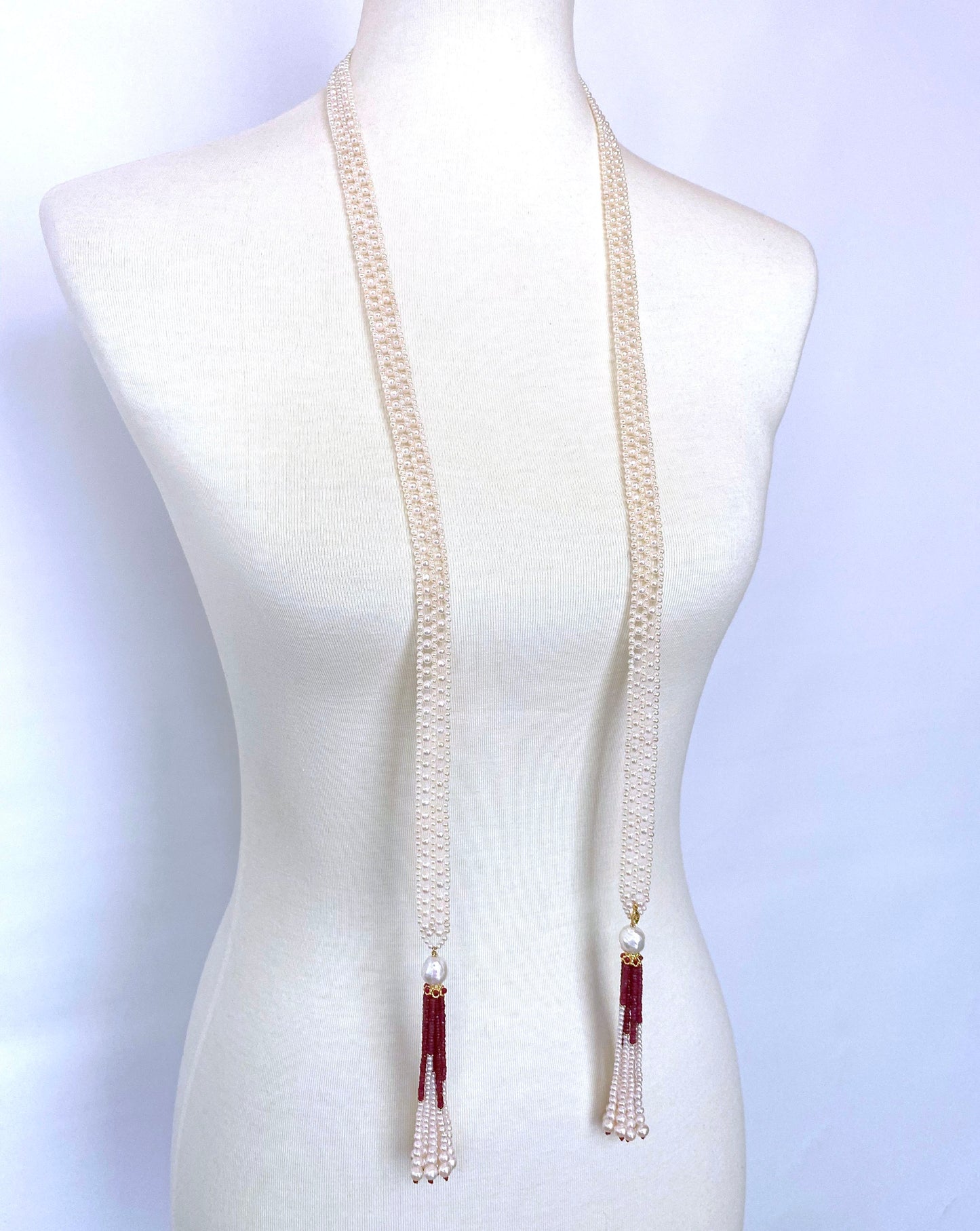 Pearl Woven Lace Sautoir with Faceted Ruby and 14k Yellow Gold