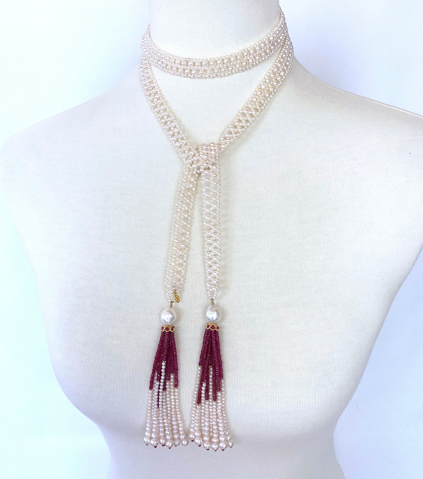 Pearl Woven Lace Sautoir with Faceted Ruby and 14k Yellow Gold