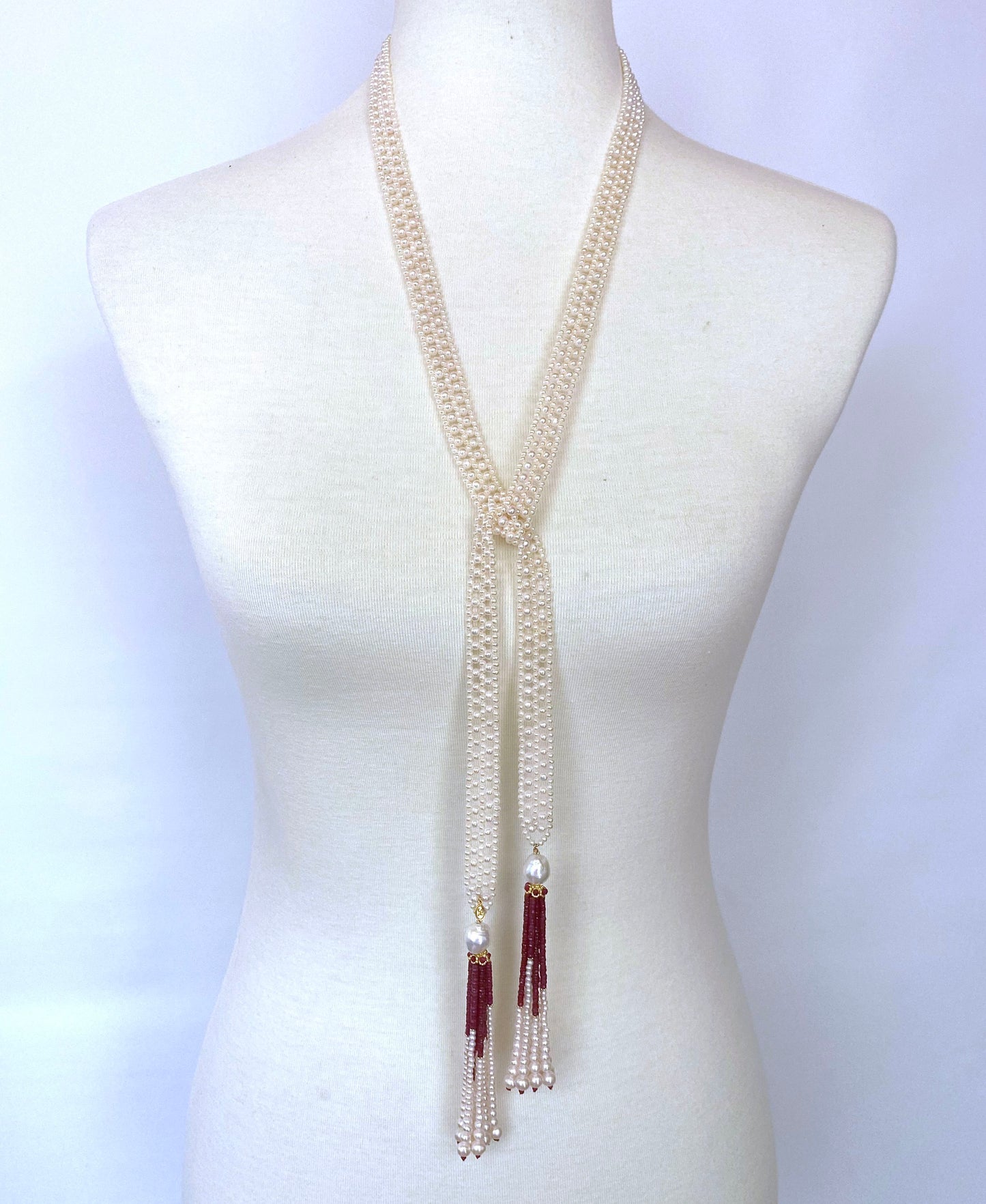 Pearl Woven Lace Sautoir with Faceted Ruby and 14k Yellow Gold