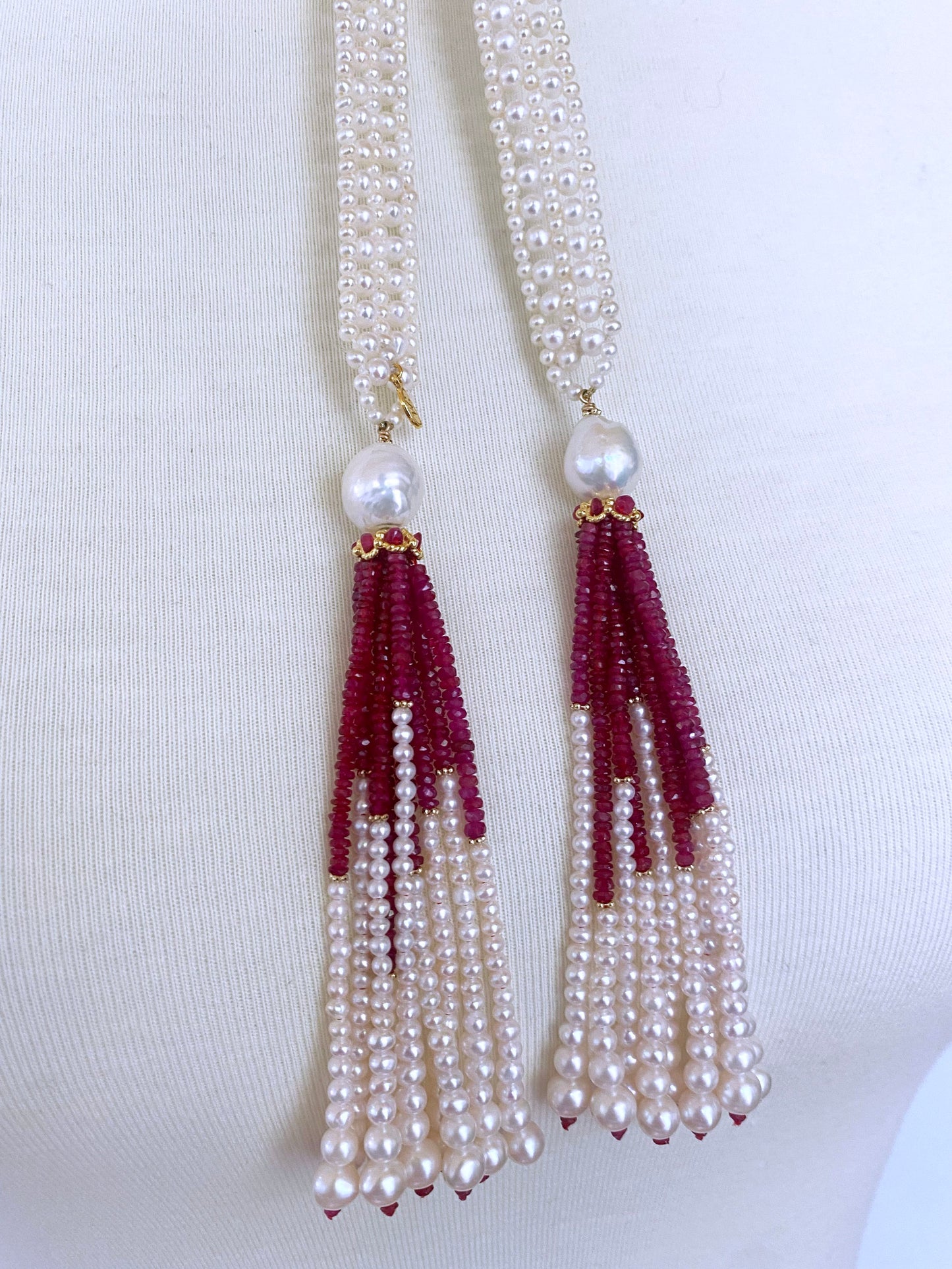 Pearl Woven Lace Sautoir with Faceted Ruby and 14k Yellow Gold