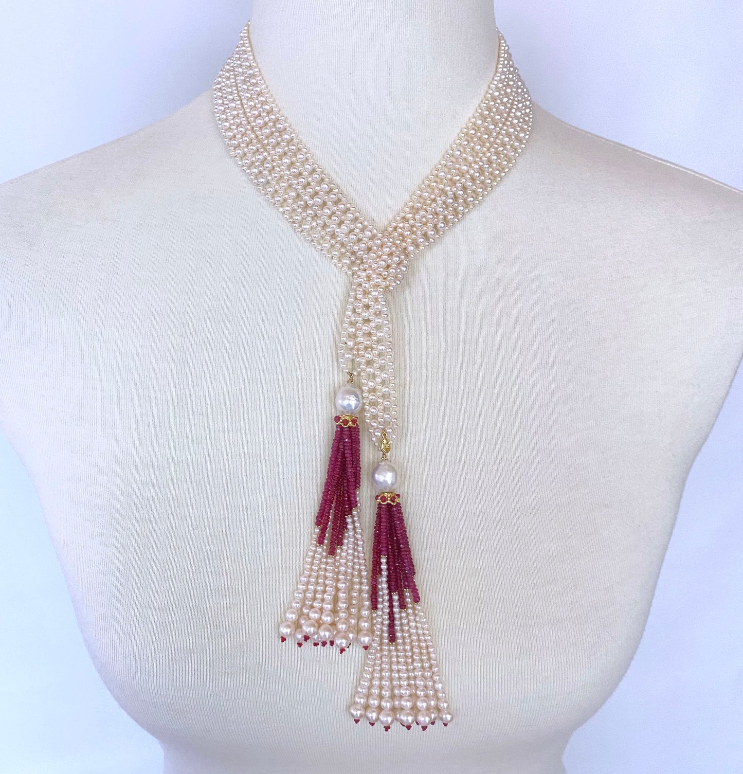 Pearl Woven Lace Sautoir with Faceted Ruby and 14k Yellow Gold