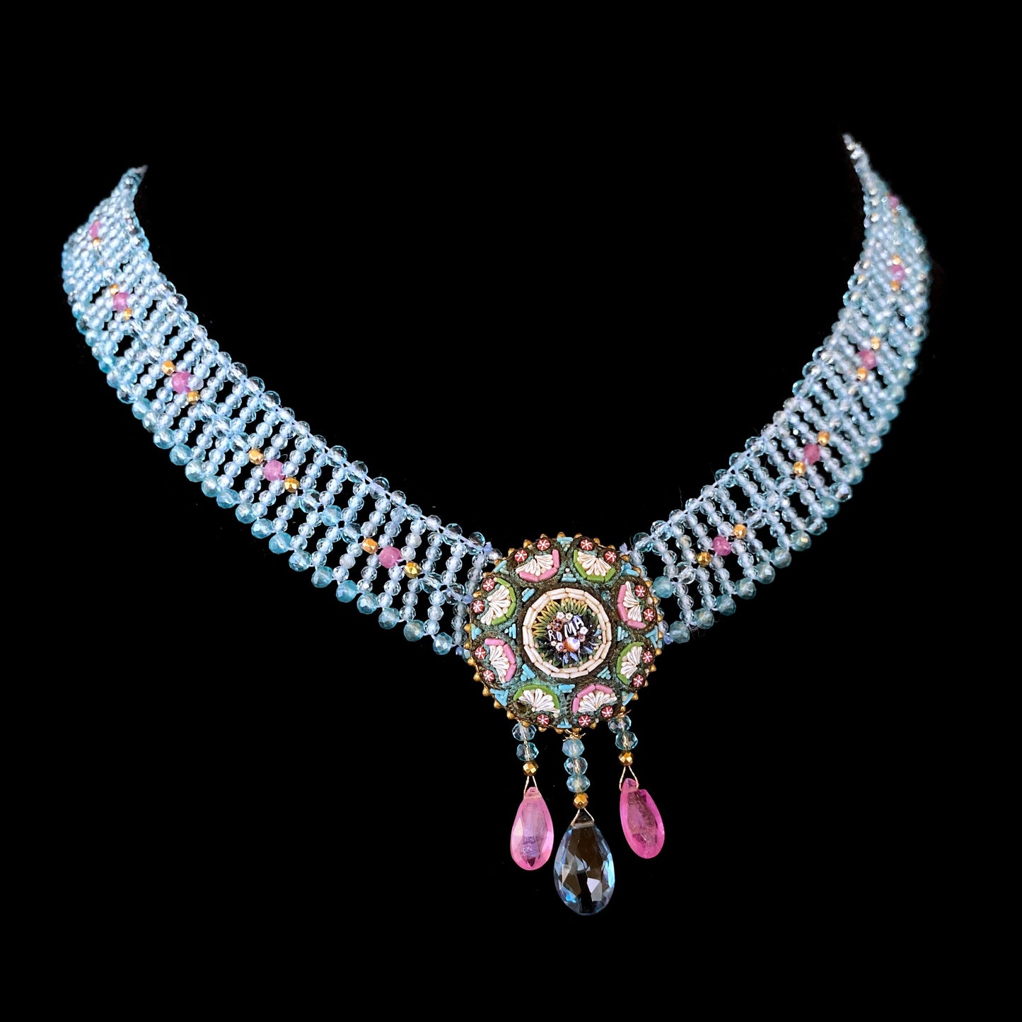 Aquamarine & Pink Tourmaline Necklace with Vintage Mosaic Brooch