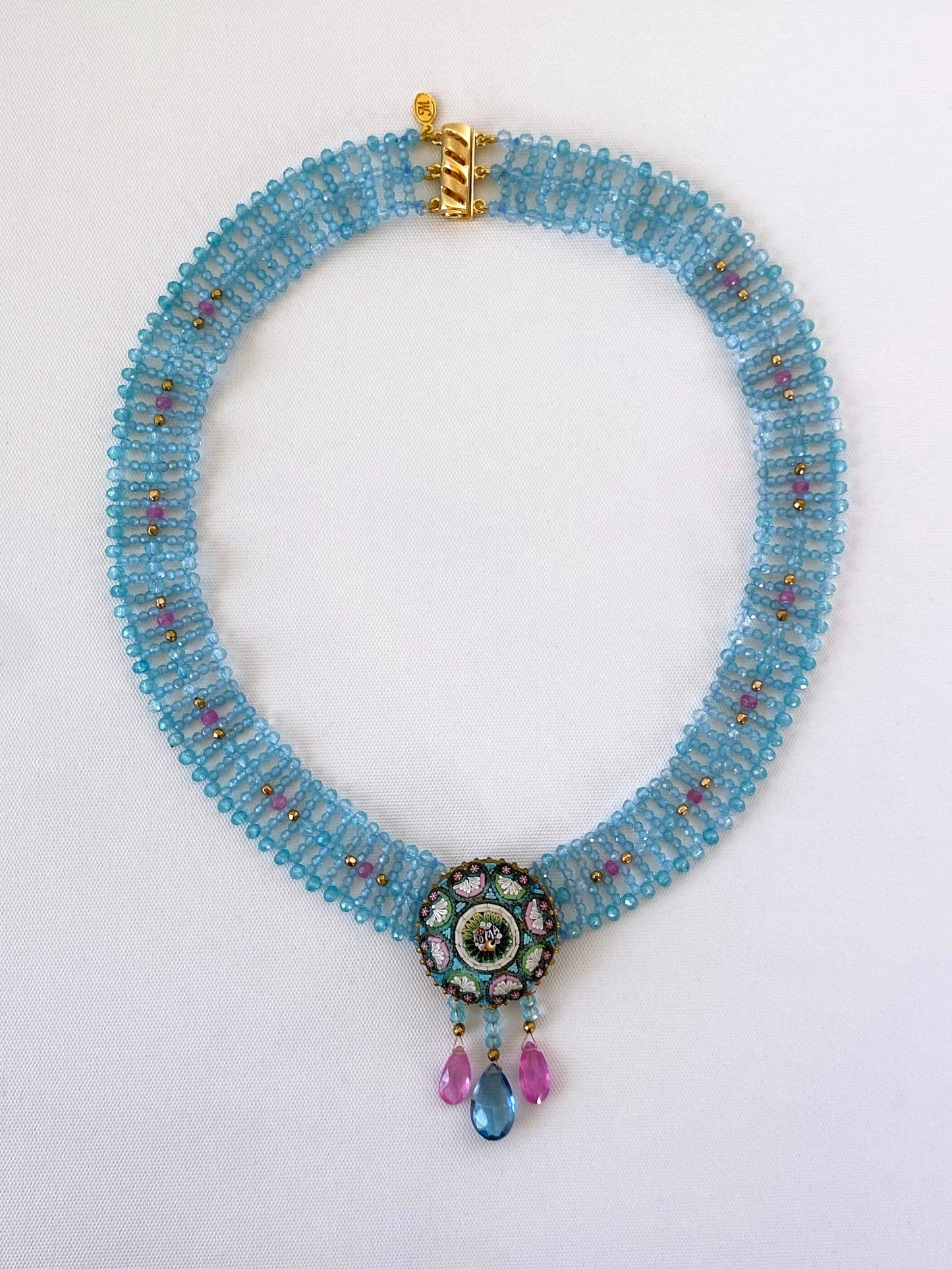 Aquamarine & Pink Tourmaline Necklace with Vintage Mosaic Brooch