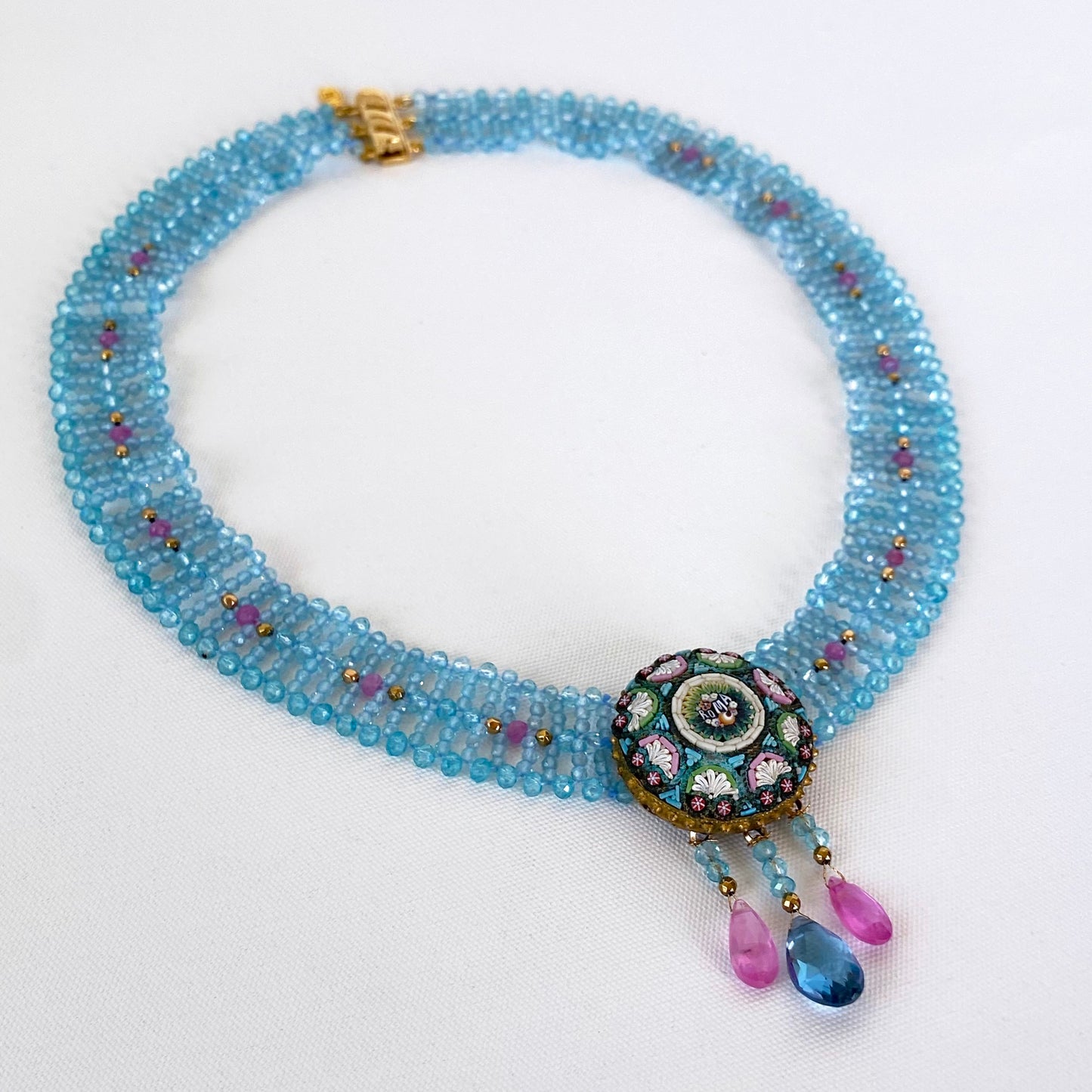 Aquamarine & Pink Tourmaline Necklace with Vintage Mosaic Brooch