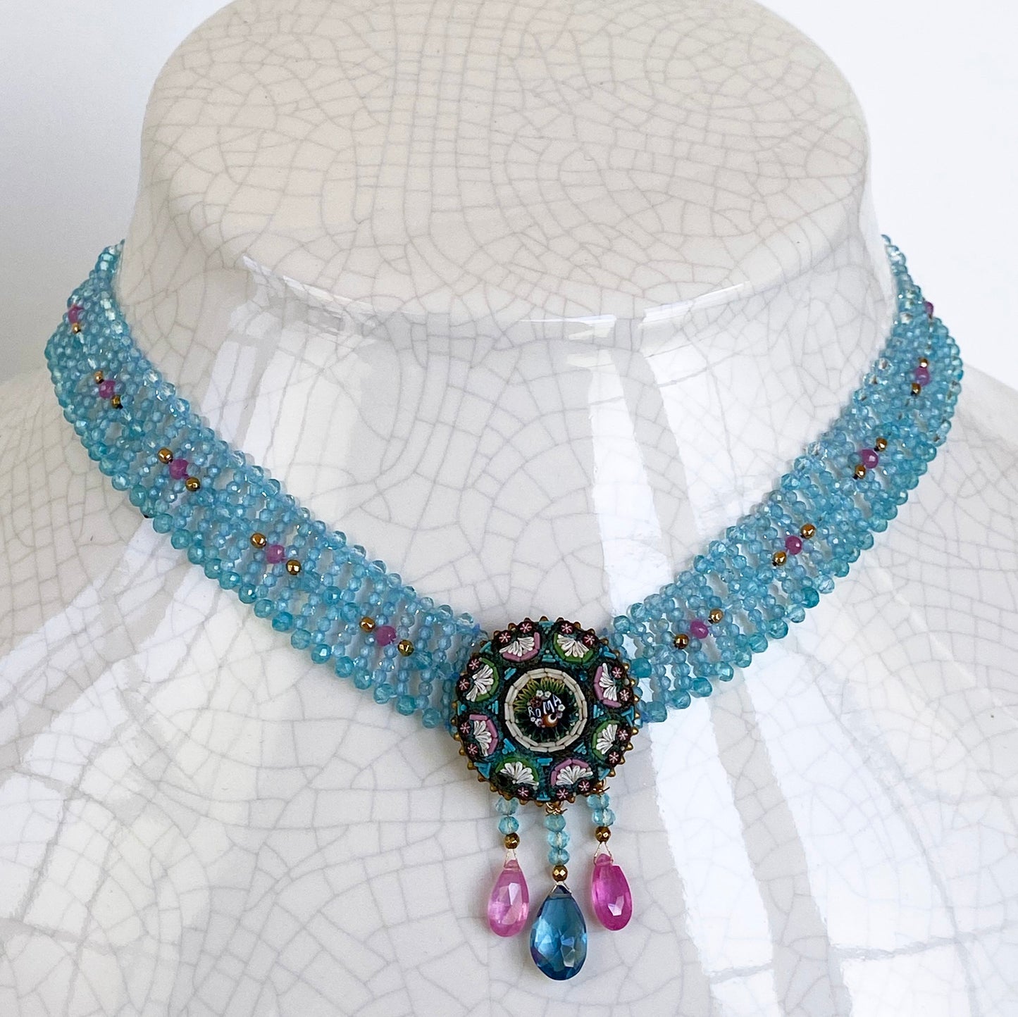 Aquamarine & Pink Tourmaline Necklace with Vintage Mosaic Brooch