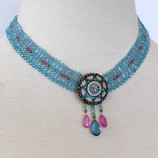 Aquamarine & Pink Tourmaline Necklace with Vintage Mosaic Brooch