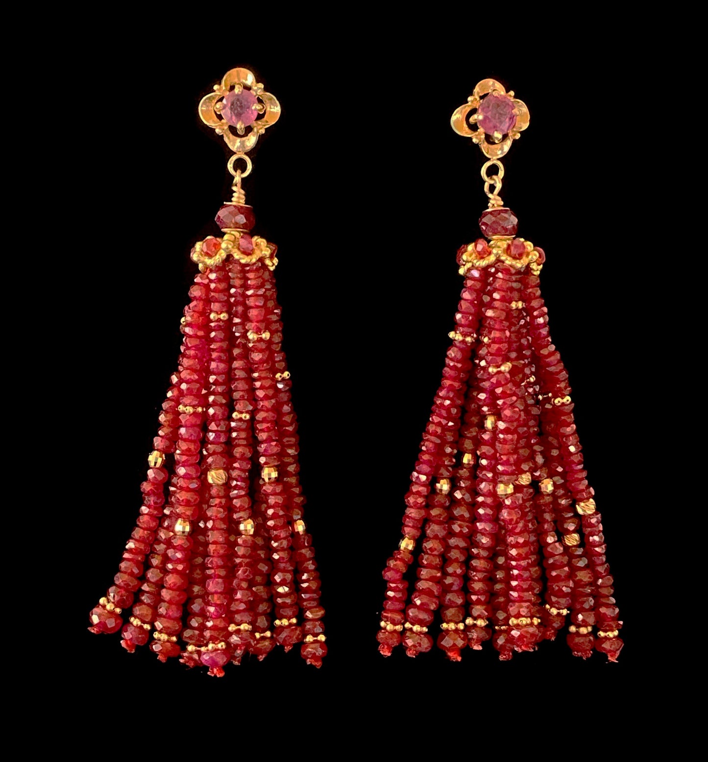 Ruby and Solid 14k Yellow Gold Tassel Earrings