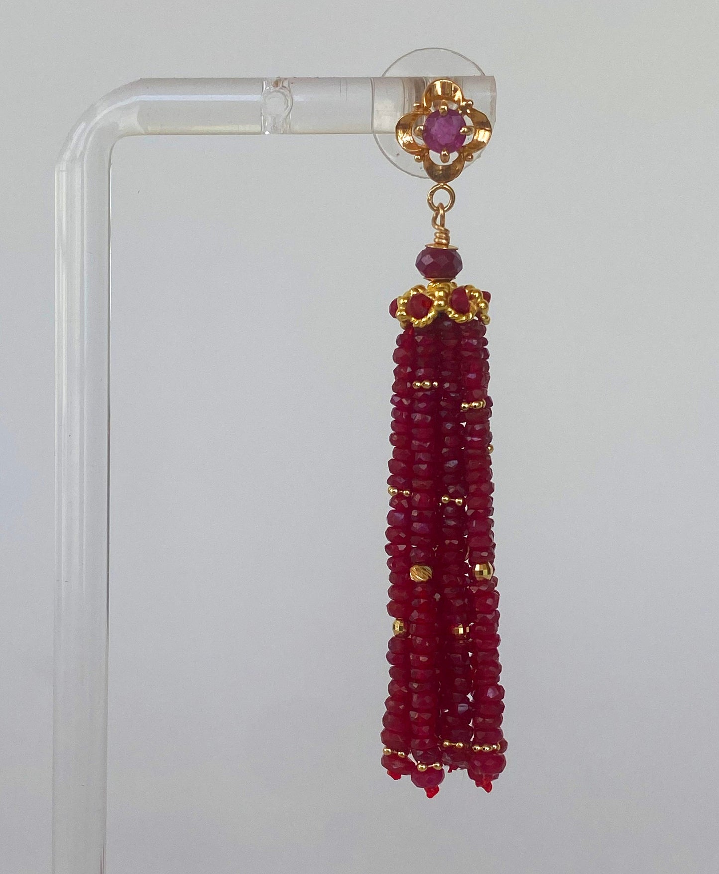 Ruby and Solid 14k Yellow Gold Tassel Earrings
