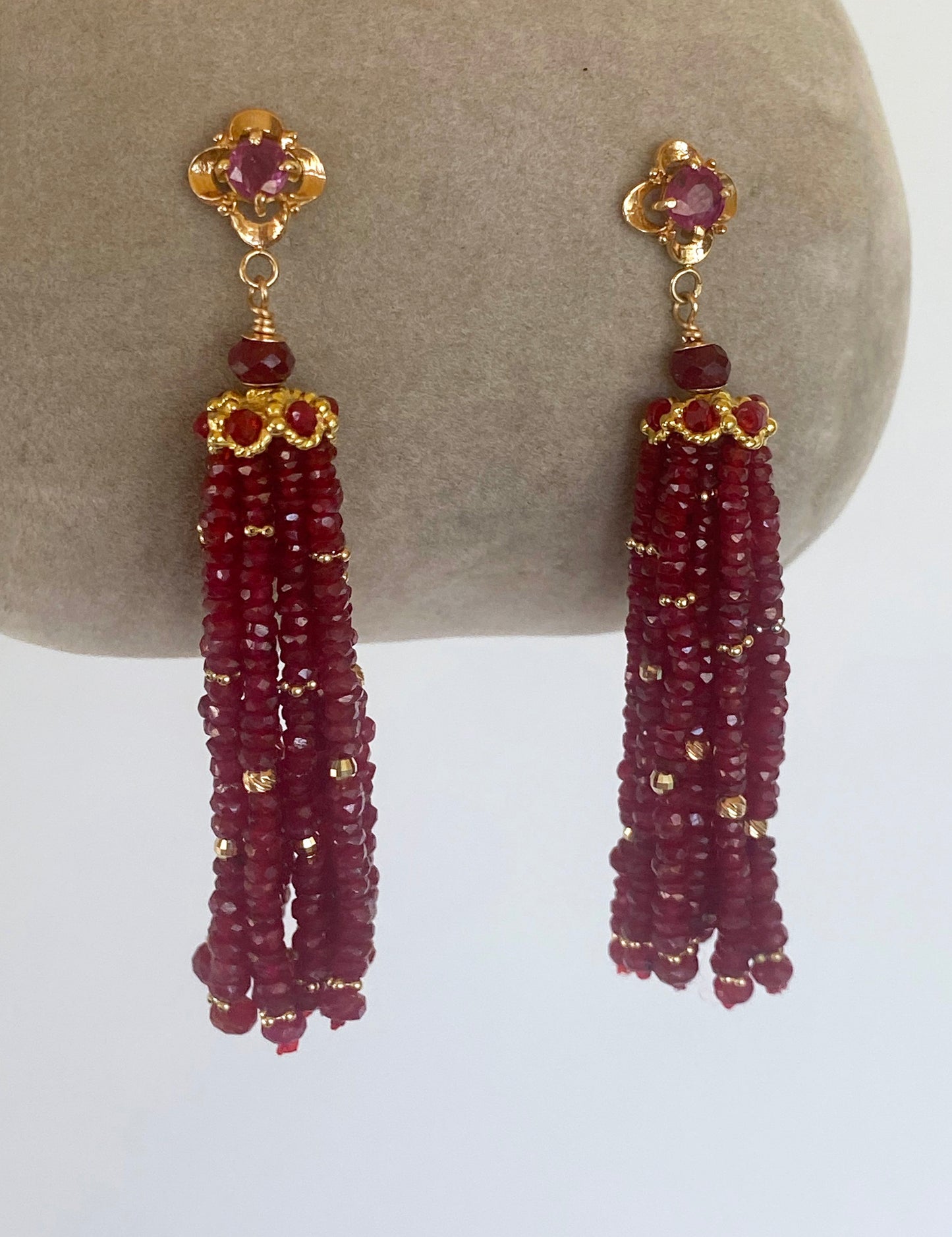 Ruby and Solid 14k Yellow Gold Tassel Earrings