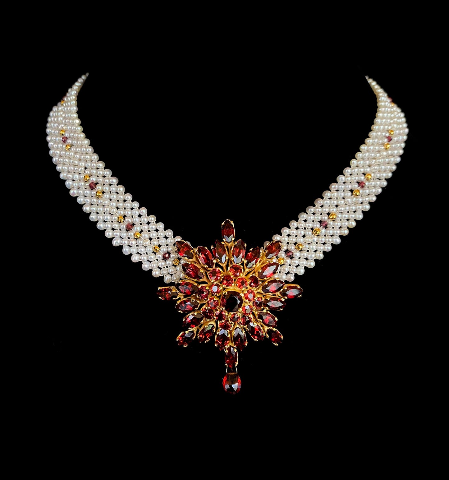 One of a Kind Woven Pearl & Garnet Necklace with Vintage Garnet Brooch