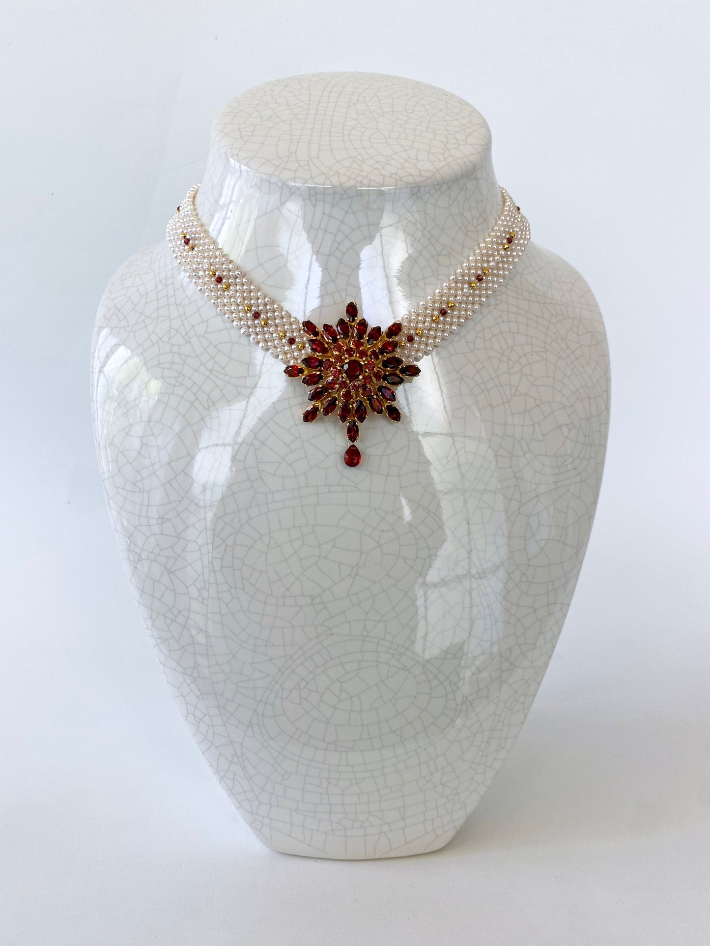 One of a Kind Woven Pearl & Garnet Necklace with Vintage Garnet Brooch
