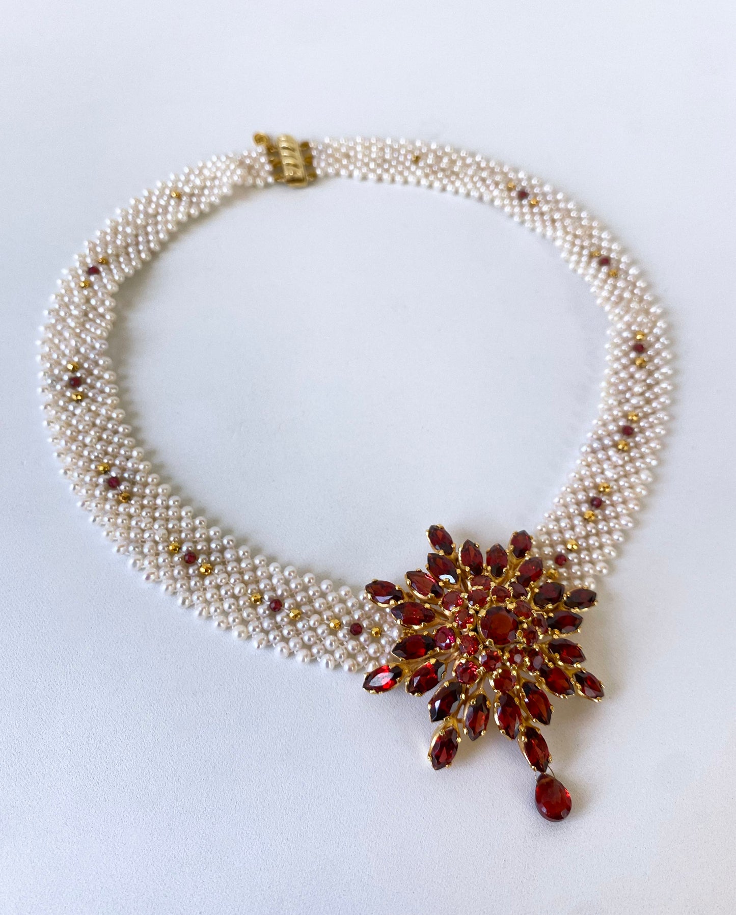 One of a Kind Woven Pearl & Garnet Necklace with Vintage Garnet Brooch