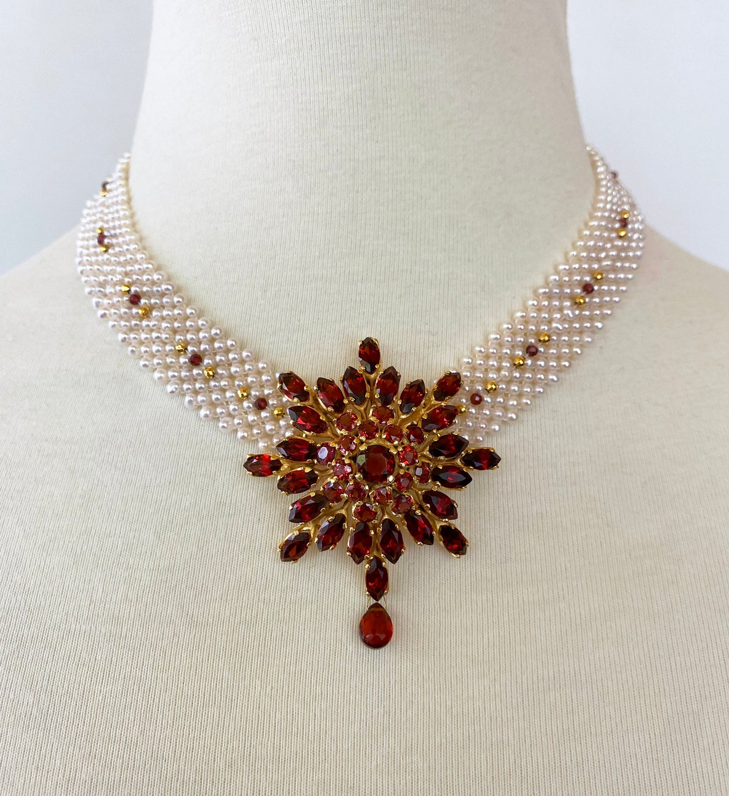 One of a Kind Woven Pearl & Garnet Necklace with Vintage Garnet Brooch