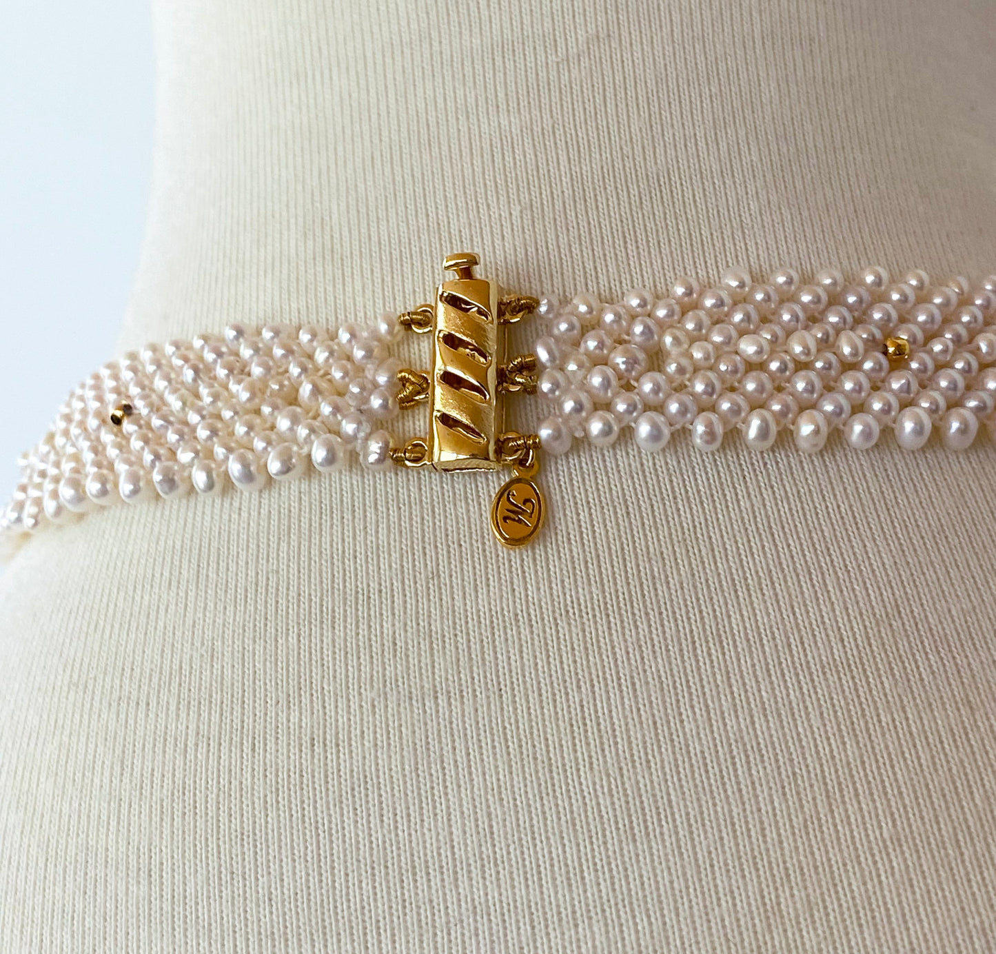 One of a Kind Woven Pearl & Garnet Necklace with Vintage Garnet Brooch
