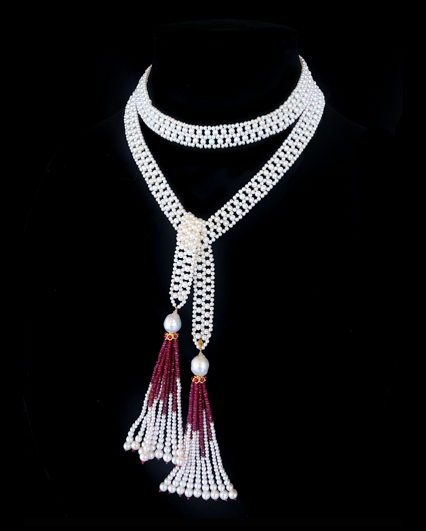 Pearl Woven Lace Sautoir with Faceted Ruby and 14k Yellow Gold