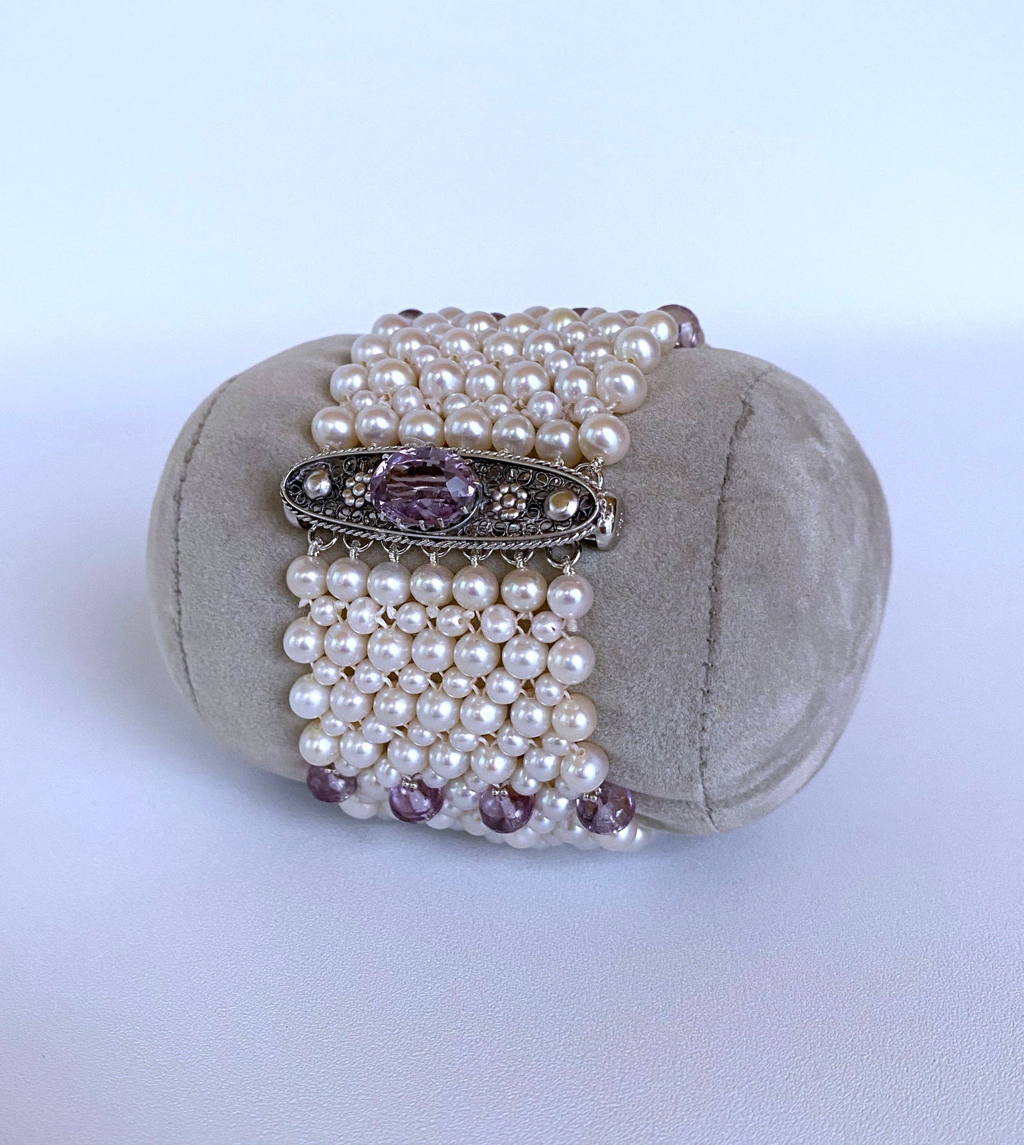 Amethyst and Pearl Bracelet with Vintage Centerpiece Clasp and Rhodium