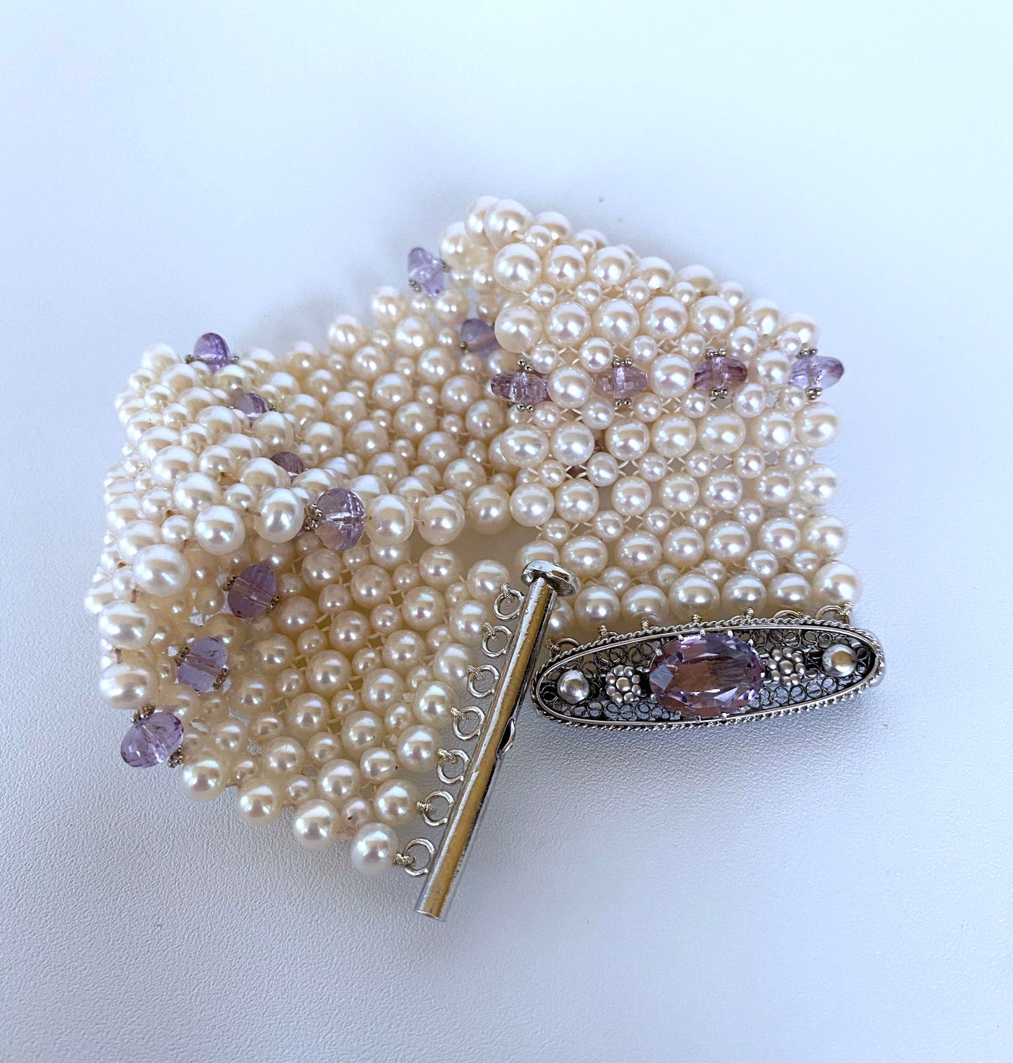 Amethyst and Pearl Bracelet with Vintage Centerpiece Clasp and Rhodium