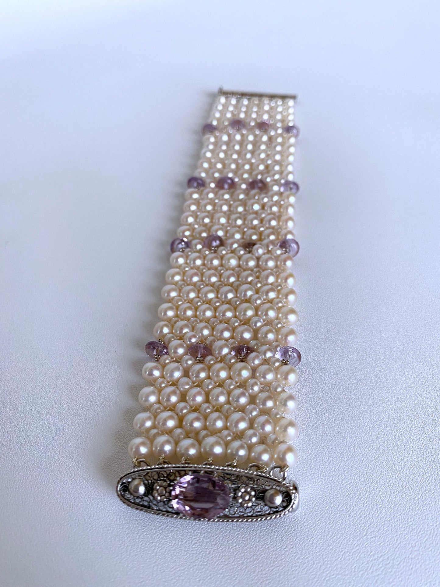 Amethyst and Pearl Bracelet with Vintage Centerpiece Clasp and Rhodium