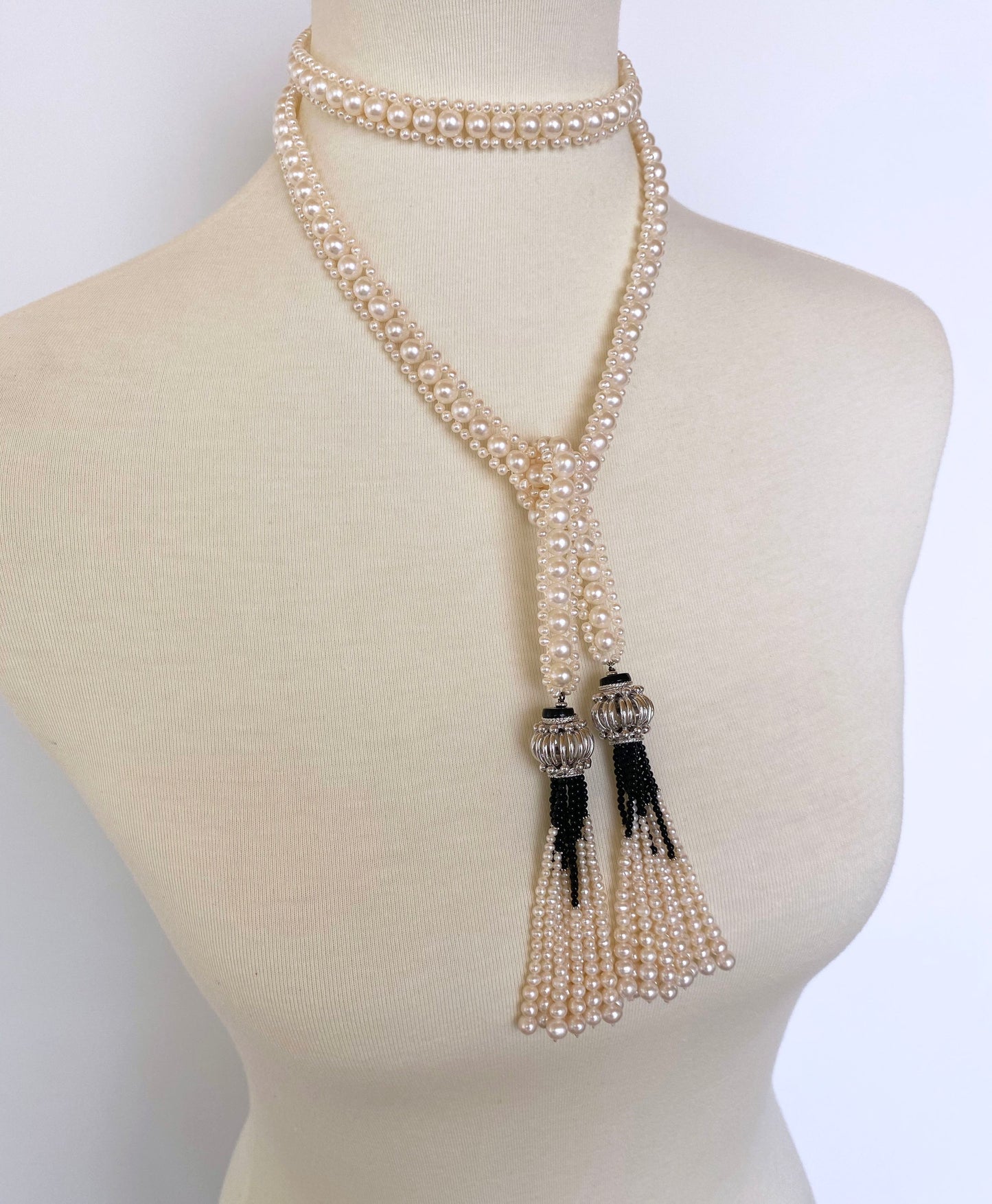 Marina J Woven Pearl and Onyx Sautoir with Silver Bead, Spinel and Pearl Tassels