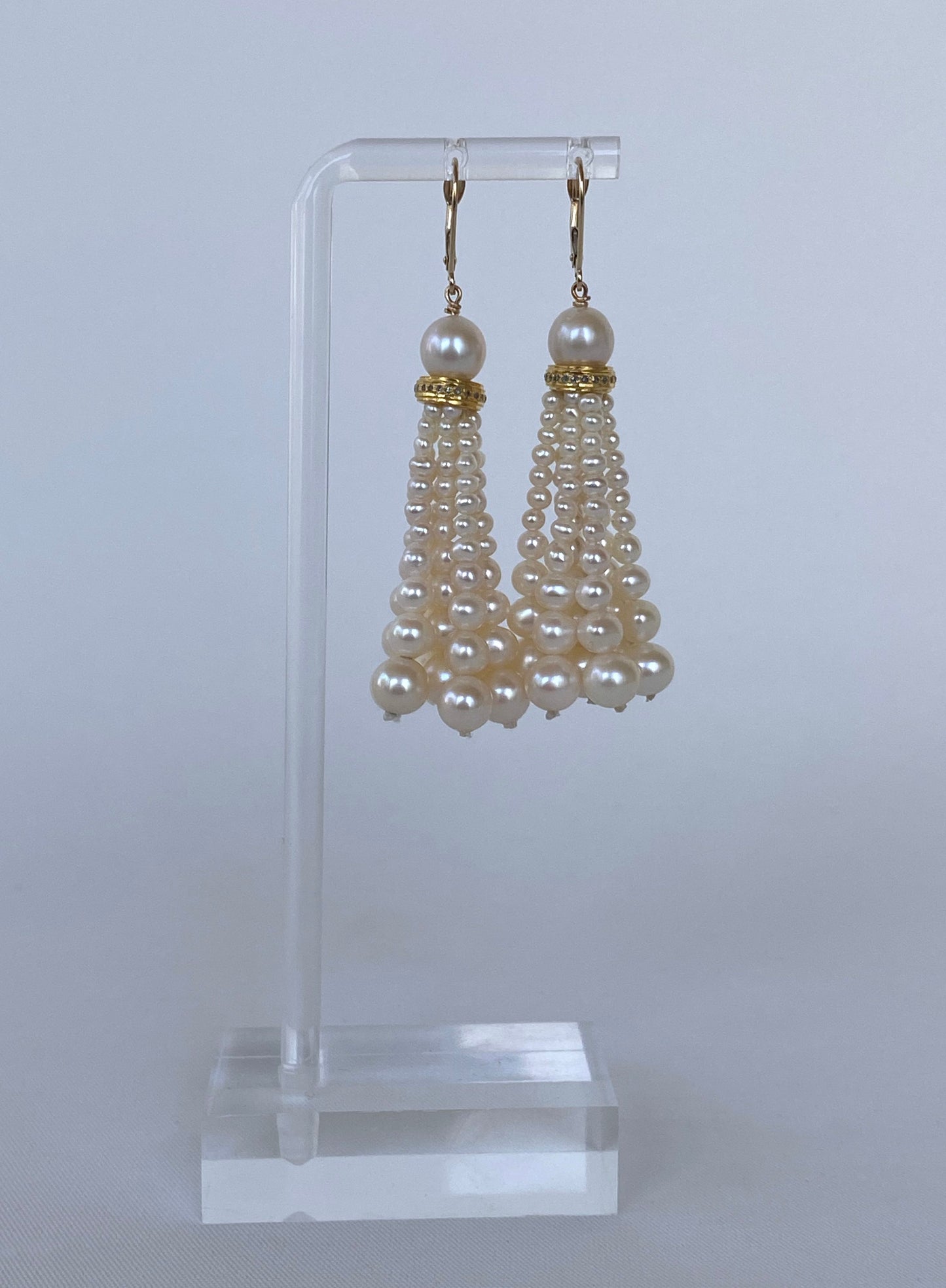 Graduated Pearl Earrings with Diamonds & 14k Yellow Gold