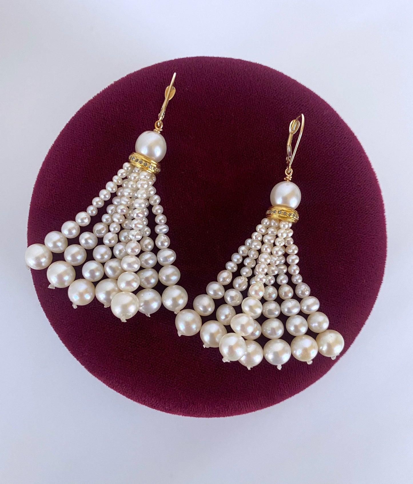 Graduated Pearl Earrings with Diamonds & 14k Yellow Gold