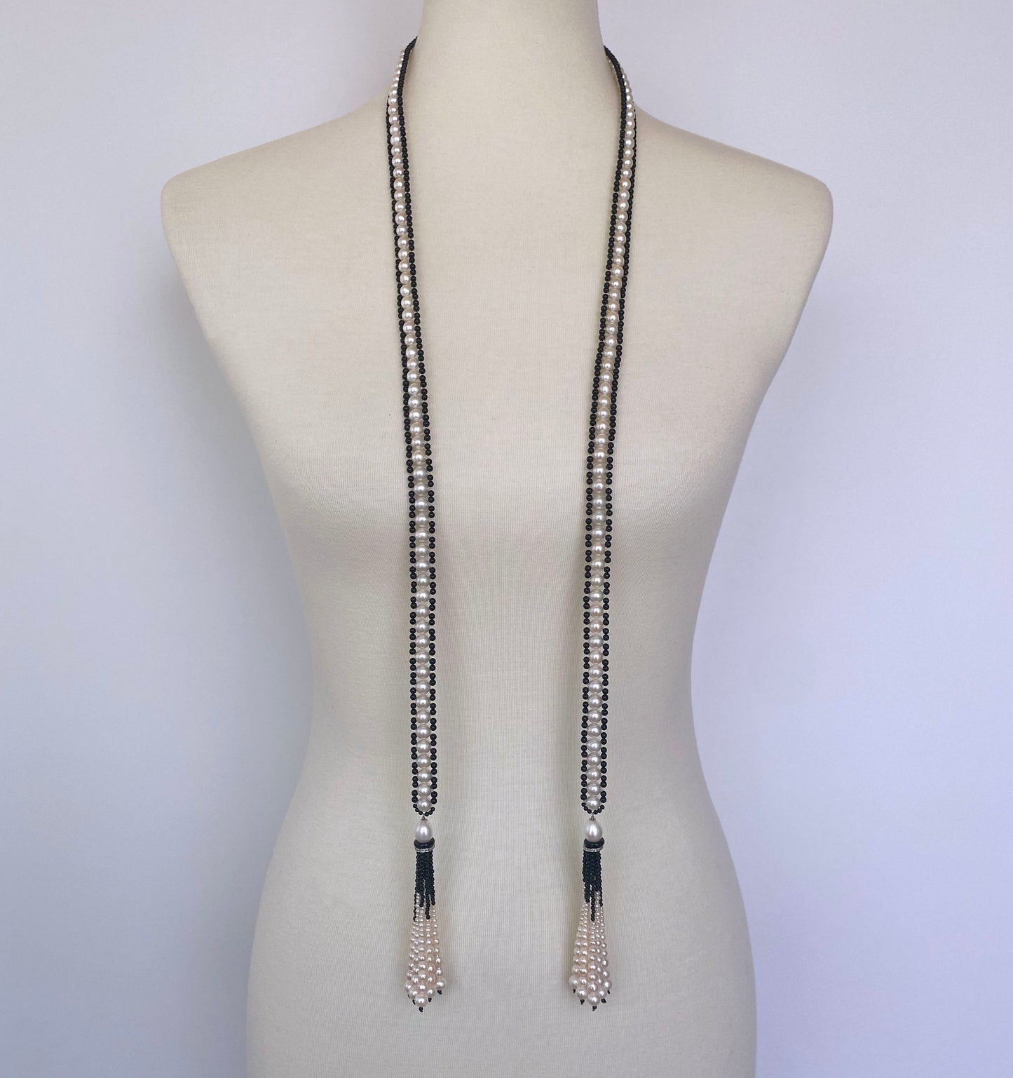 Art Deco Inspired Pearl & Black Onyx Sautoir with Graduated Tassels