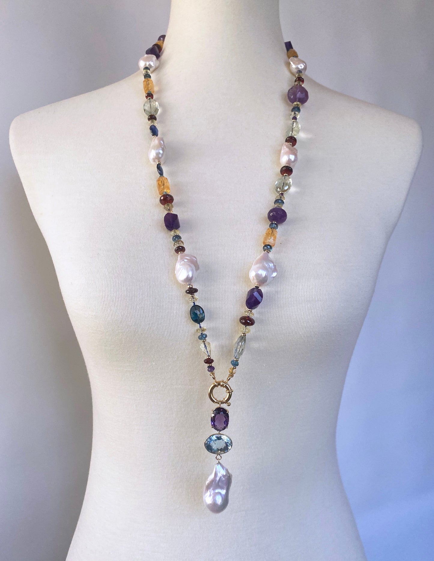 Semi Precious Gem Sizeless Sautoir with 14k Yellow Gold