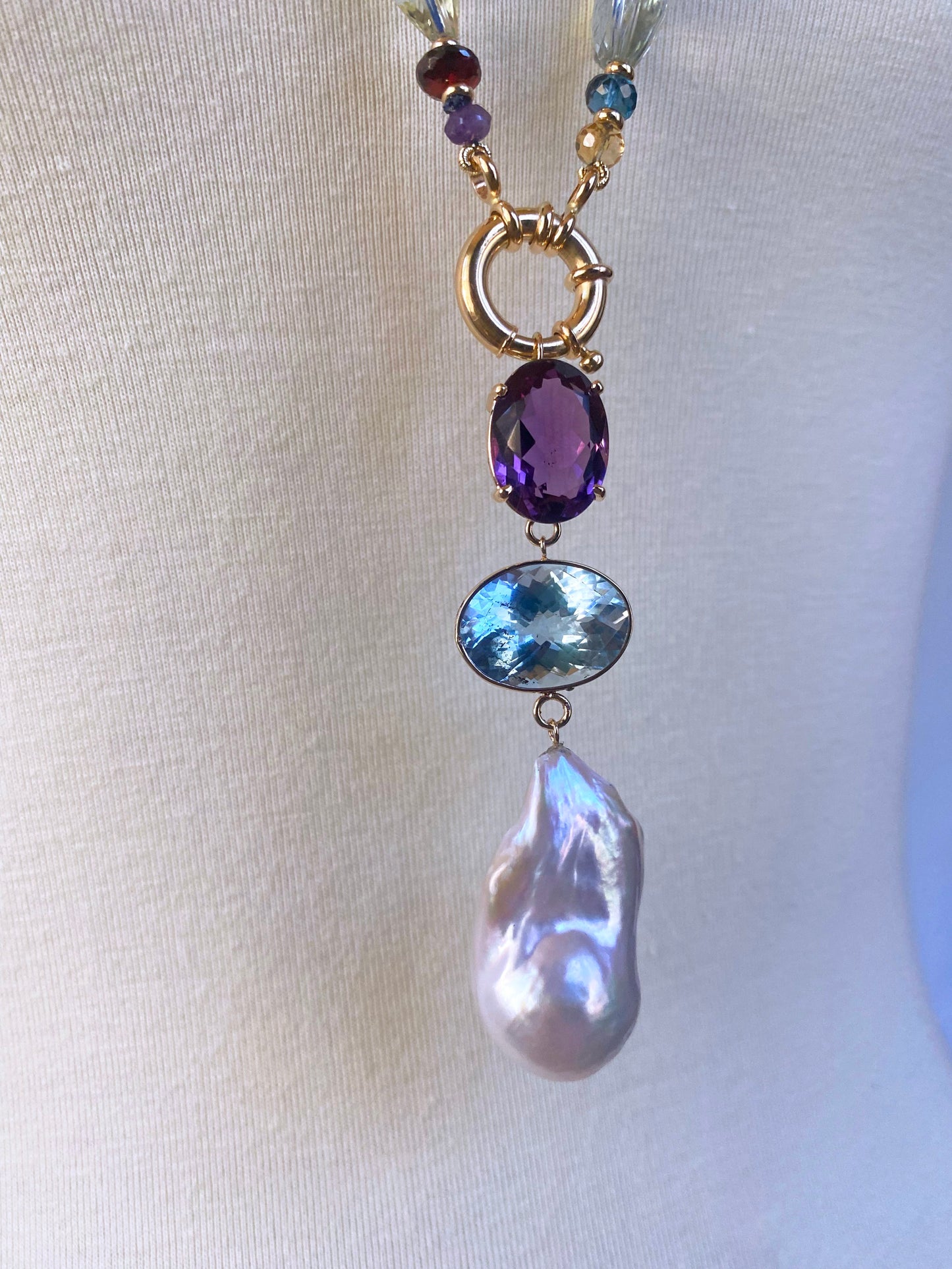 Semi Precious Gem Sizeless Sautoir with 14k Yellow Gold