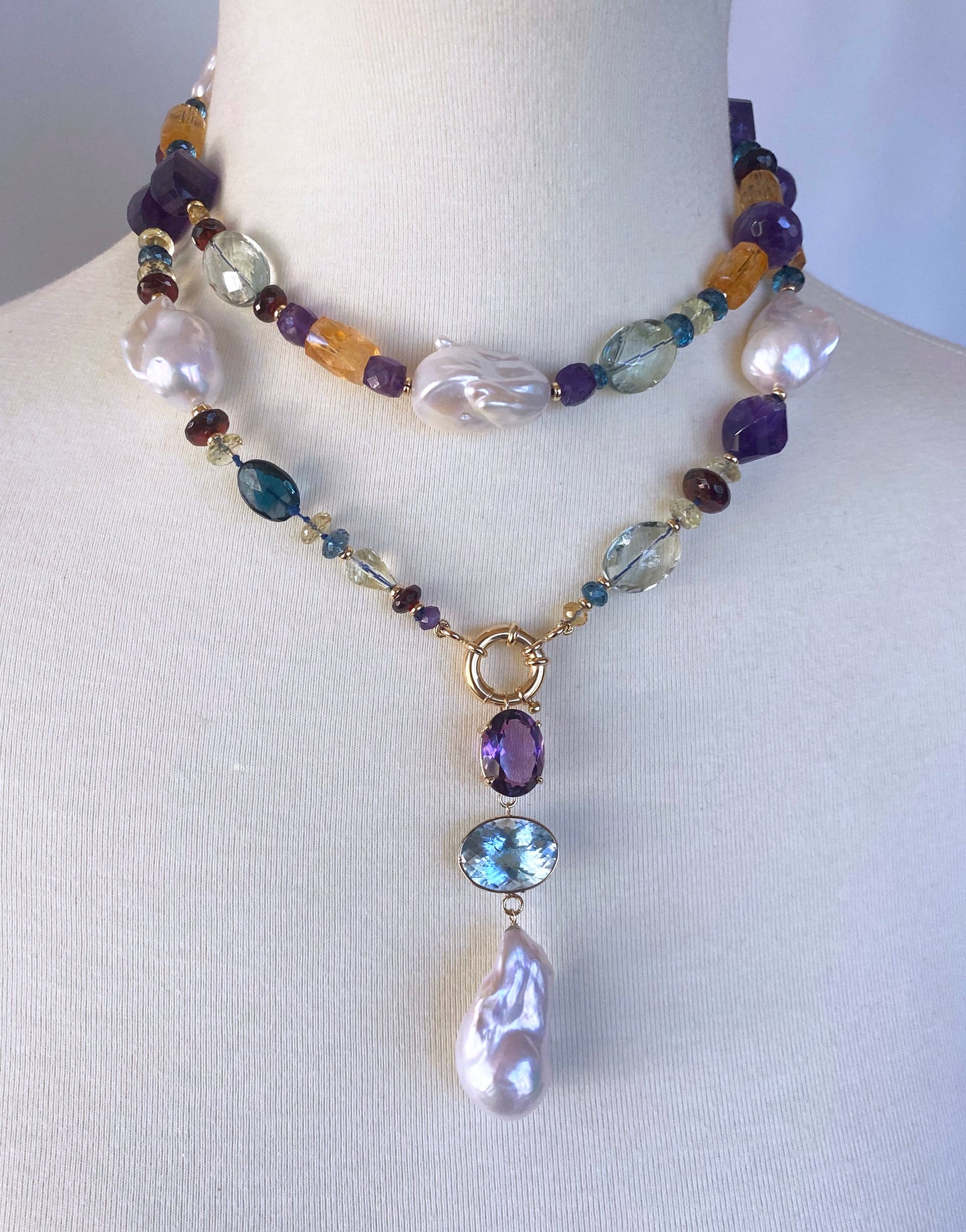 Semi Precious Gem Sizeless Sautoir with 14k Yellow Gold