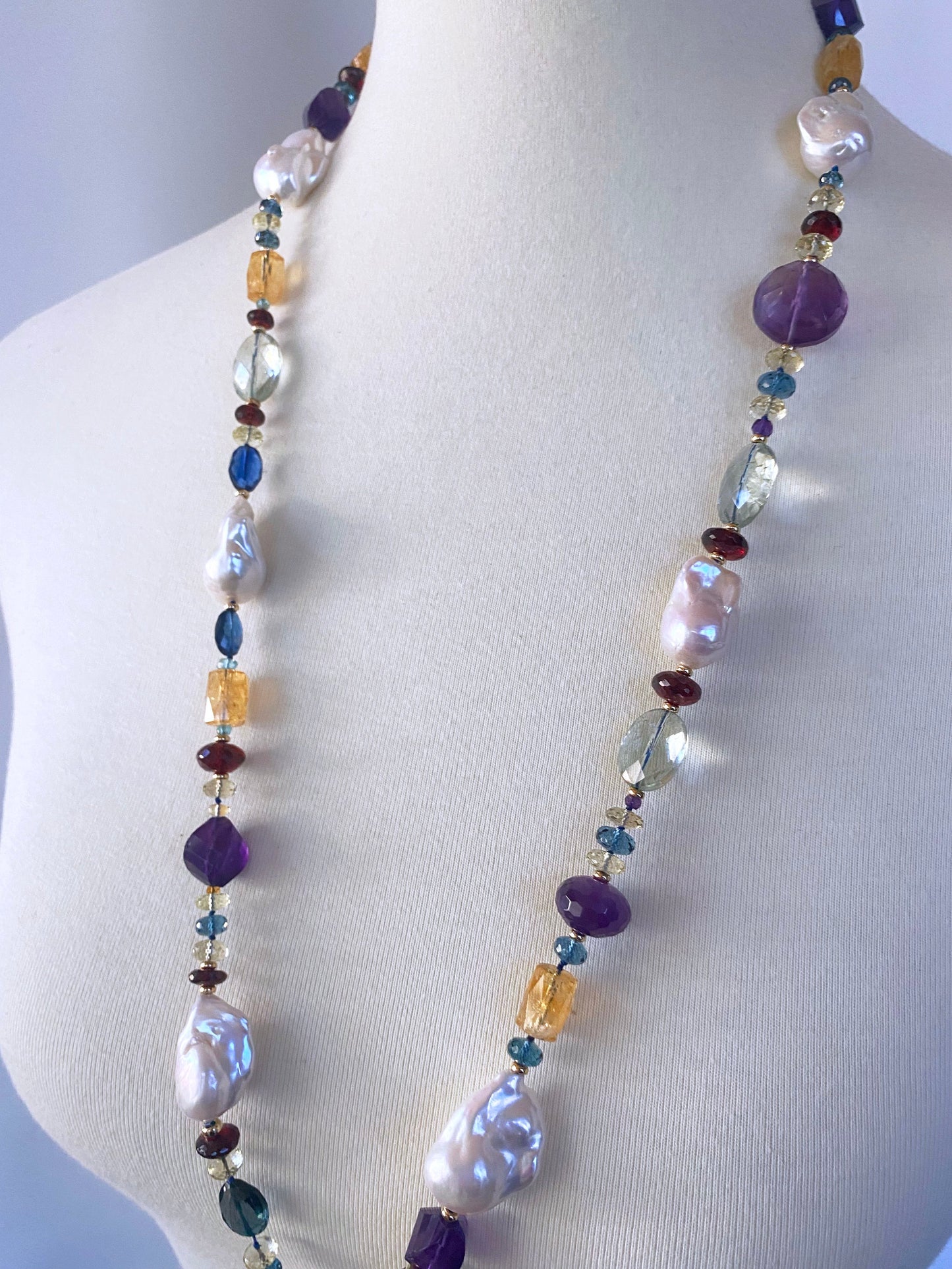 Semi Precious Gem Sizeless Sautoir with 14k Yellow Gold