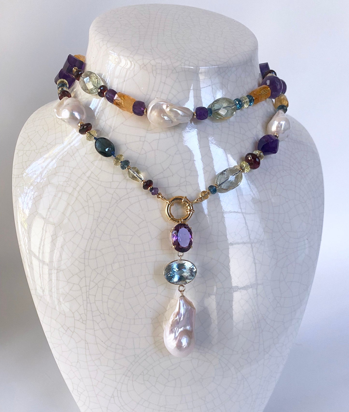 Semi Precious Gem Sizeless Sautoir with 14k Yellow Gold