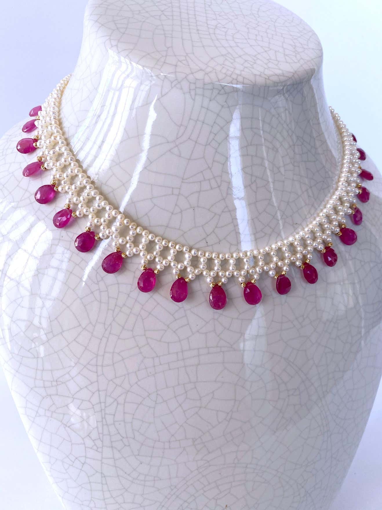 Pink Sapphire & Pearl Woven Necklace with 14k Yellow Gold