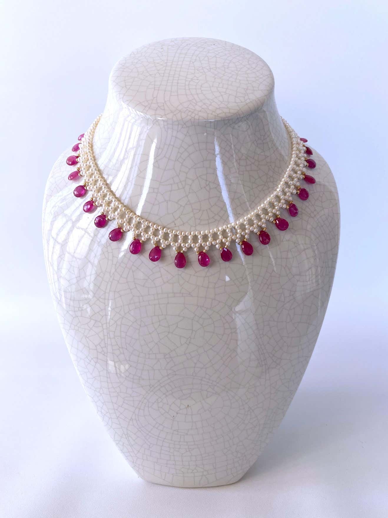 Pink Sapphire & Pearl Woven Necklace with 14k Yellow Gold